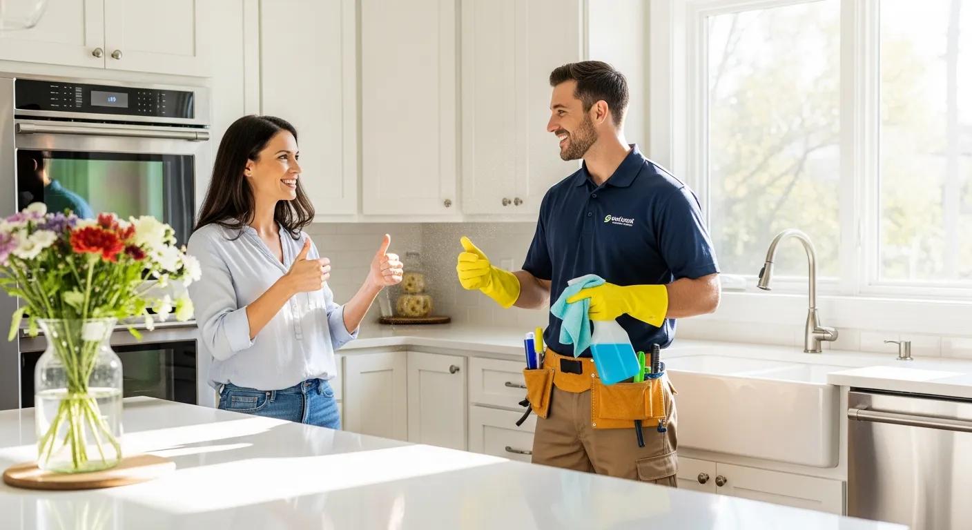 Satisfied customer giving a thumbs up to a professional cleaner in a bright kitchen