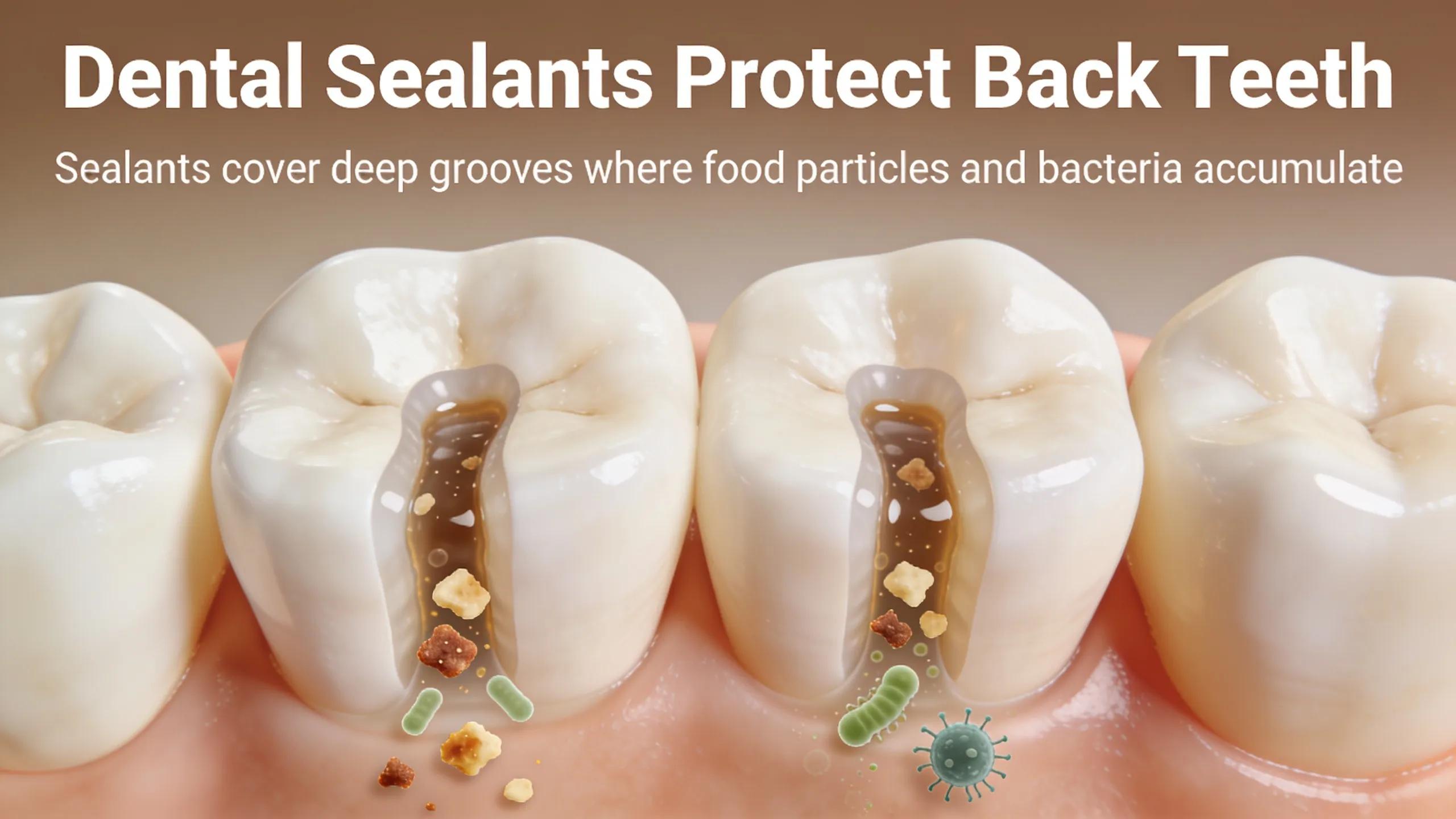 Sealants cover the deep grooves on back teeth where food particles and bacteria tend Sealants cover the deep grooves on back teeth where food particles and bacteria tend