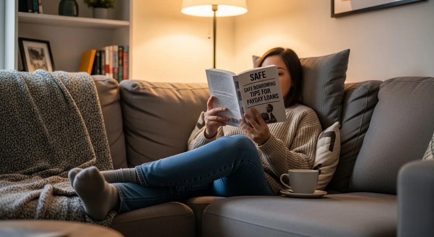 Person reading a guide on safe borrowing tips for payday loans while relaxing on a couch