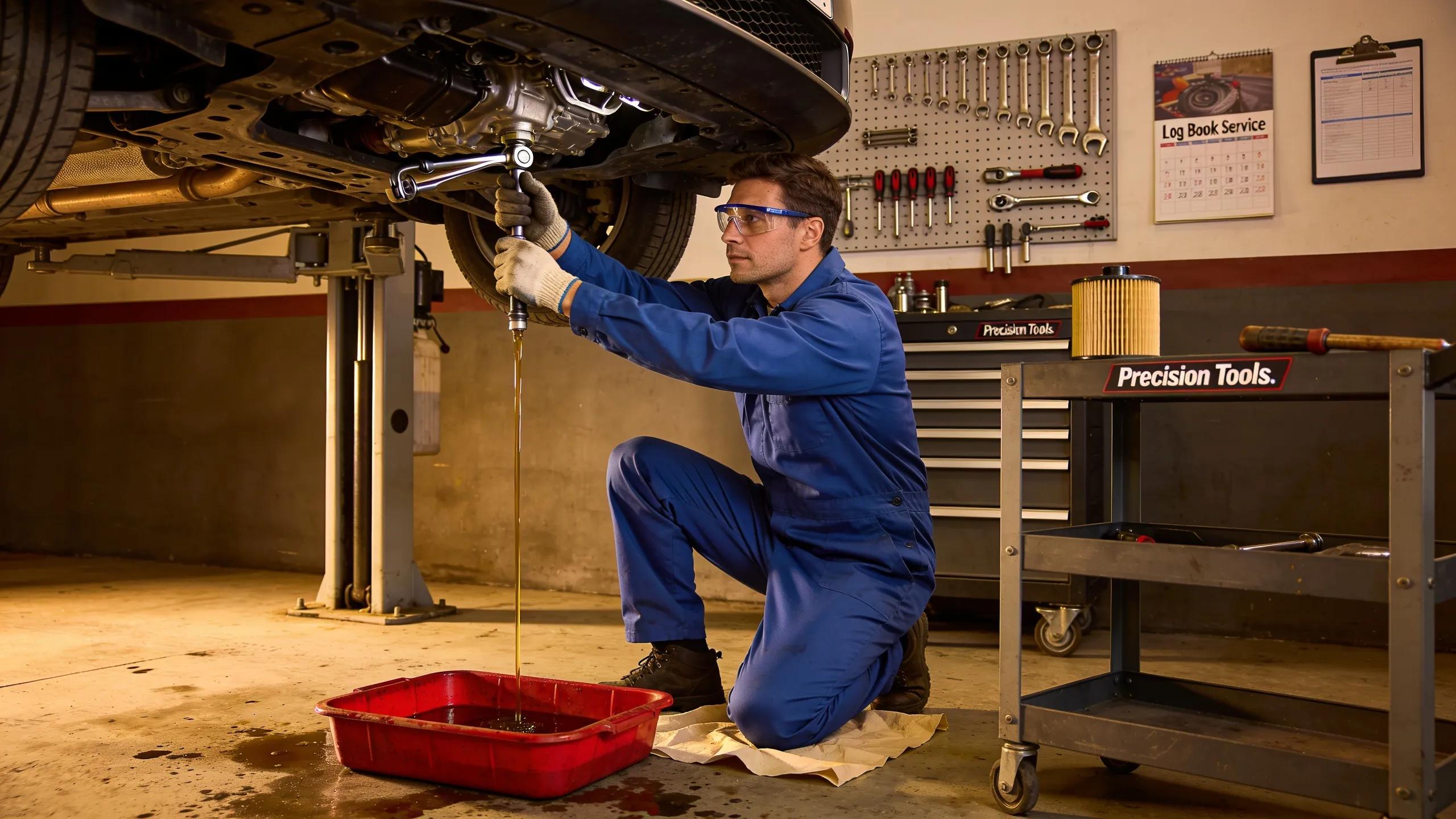 Mechanic conducting a log book service, emphasising oil and filter change for vehicle maintenance