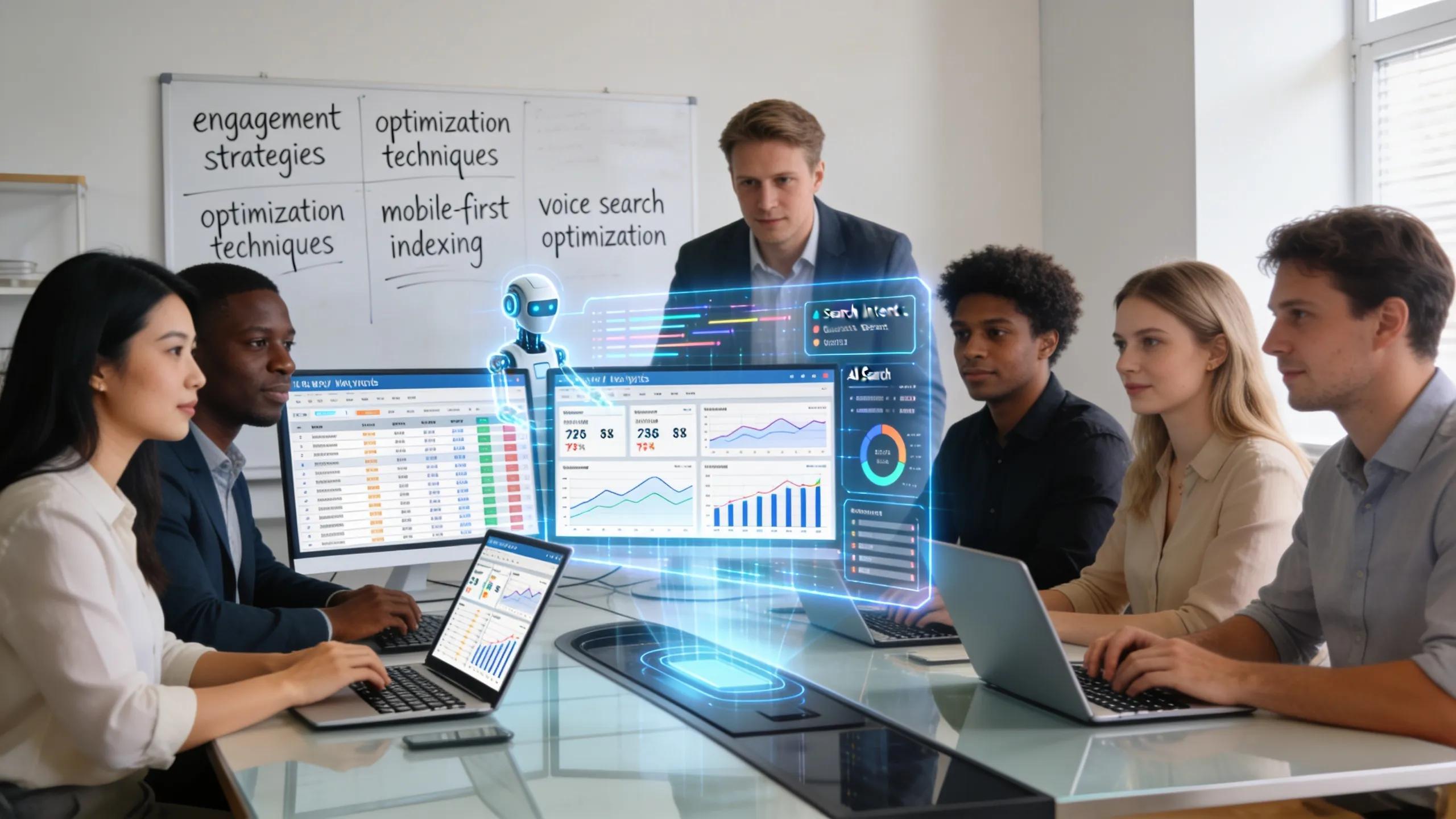 A diverse team of marketers strategizing over SEO analytics in a modern office, influenced by AI search implications, promoting engagement and optimization techniques.