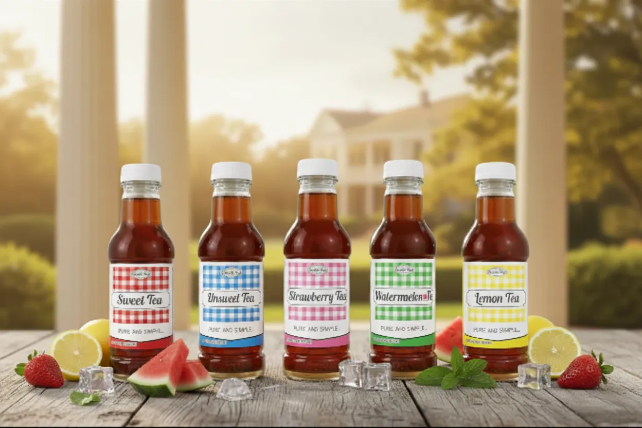 Bottles of sweet tea flavors with fresh fruit and ice on a wooden table