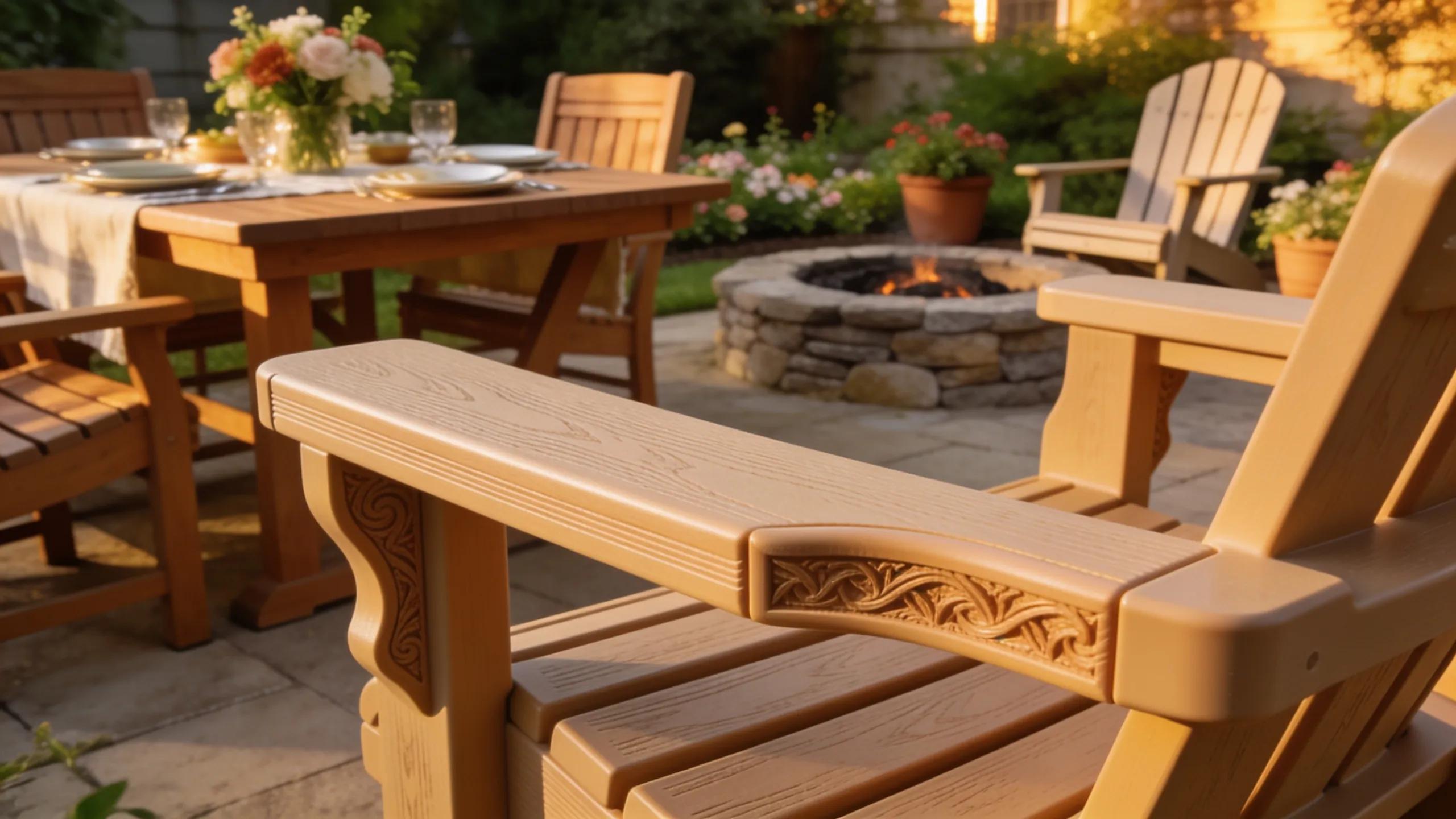 Close-up of high-quality poly furniture demonstrating Amish craftsmanship in a luxury outdoor environment Close-up of high-quality poly furniture demonstrating Amish craftsmanship in a luxury outdoor environment