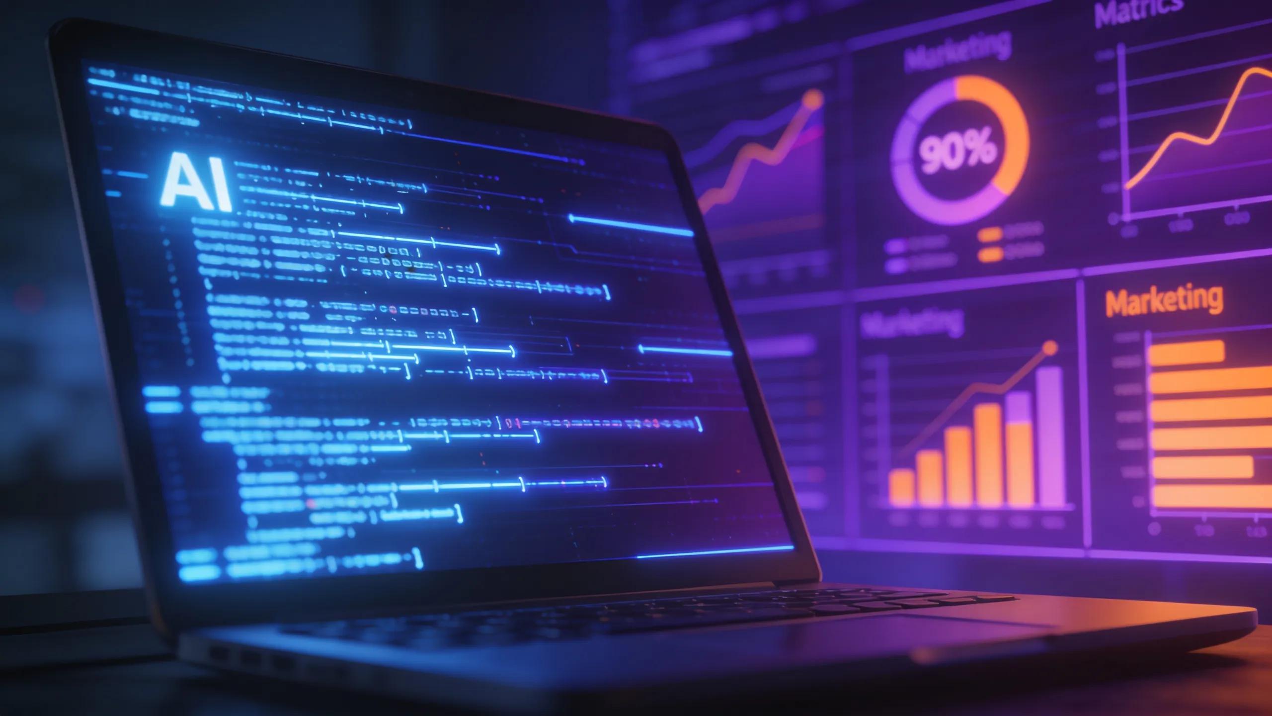 AI-driven algorithms on a laptop screen with digital marketing metrics in the background AI-driven algorithms on a laptop screen with digital marketing metrics in the background