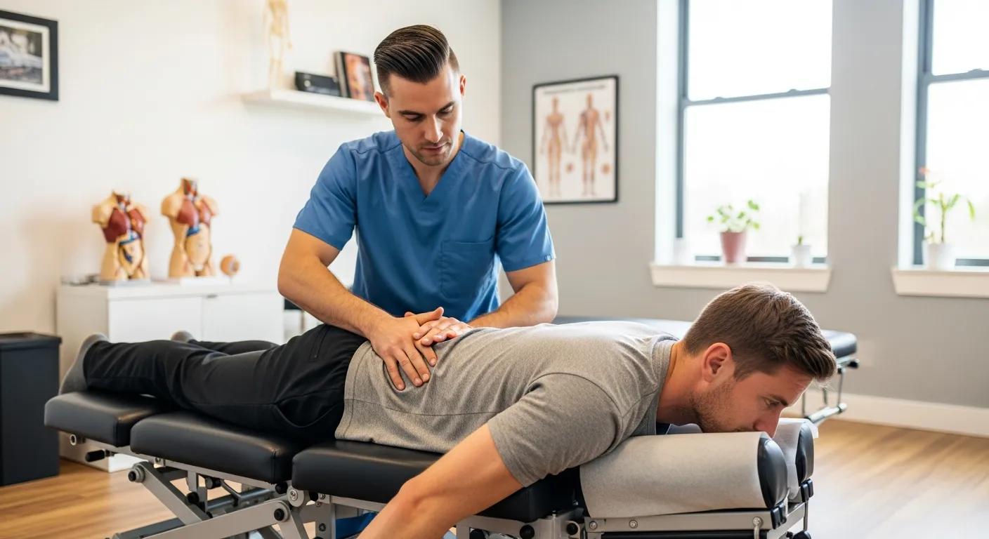 Chiropractor performing a spinal adjustment in clinic