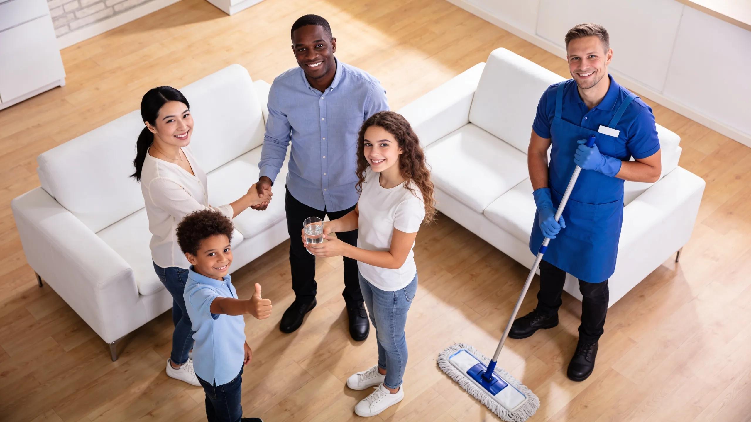 Happy family interacting with a cleaning professional in a spotless home atmosphere