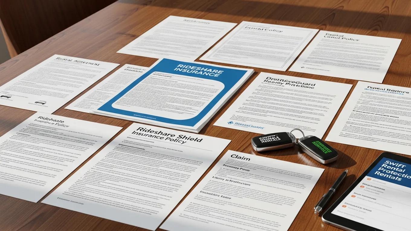 Various insurance documents for rideshare rental cars on a table
