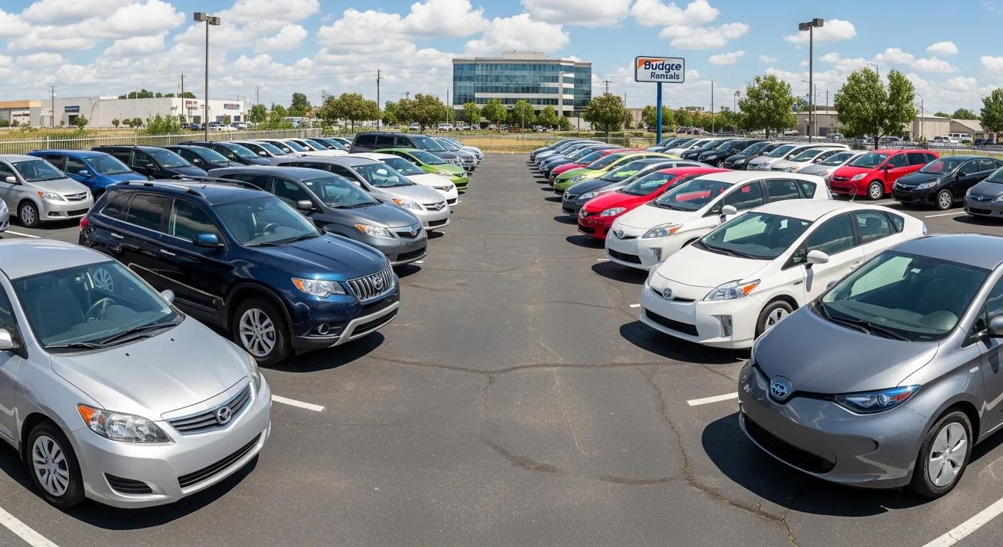 Diverse selection of budget rental vehicles including sedan, SUV, hybrid, and electric car