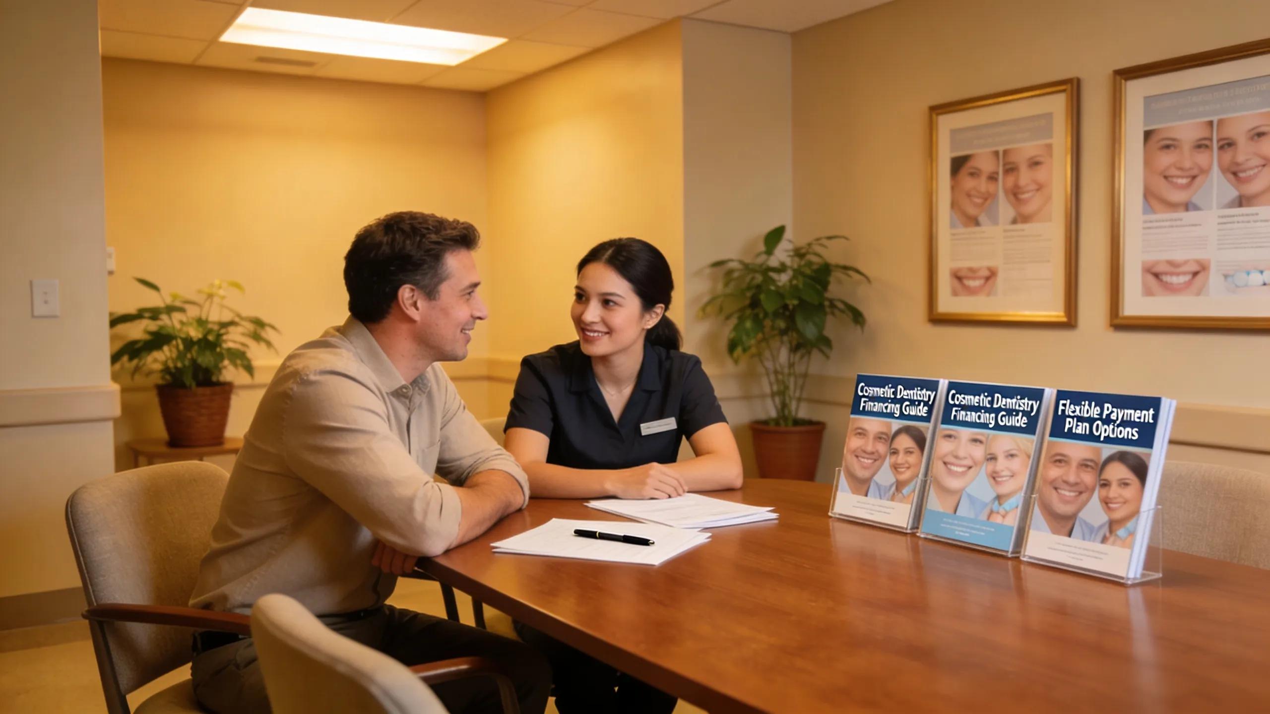 Patient discussing financing options with dental staff in a comfortable office environment