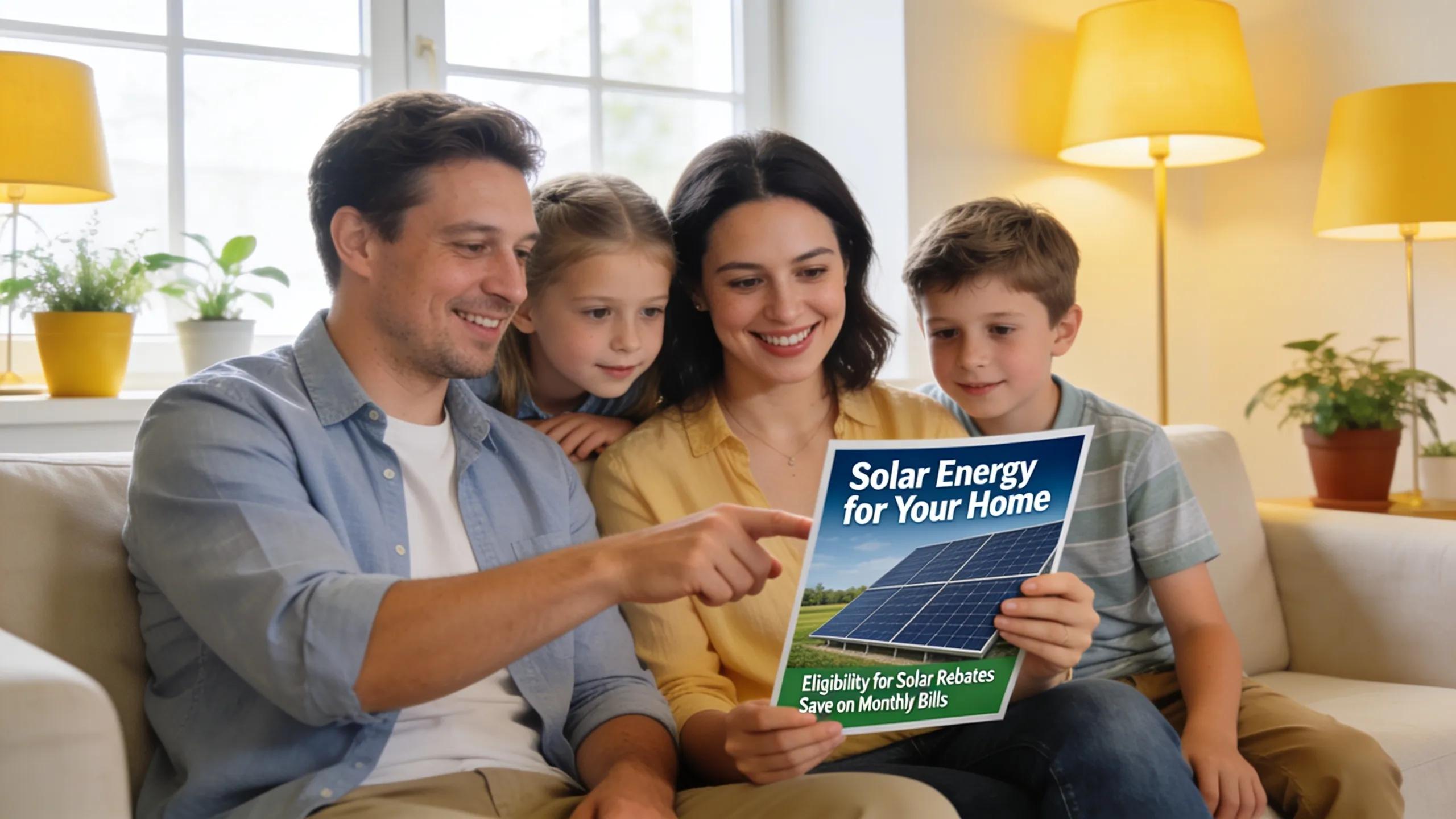 Family reviewing solar energy brochure and eligibility for Massachusetts solar rebates.