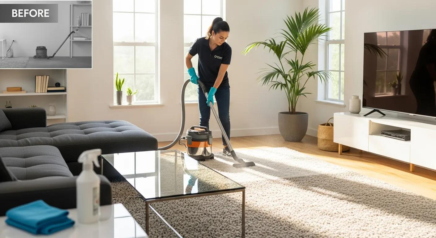 Professional cleaner deep cleaning a modern living room, showcasing the benefits of hiring cleaning services