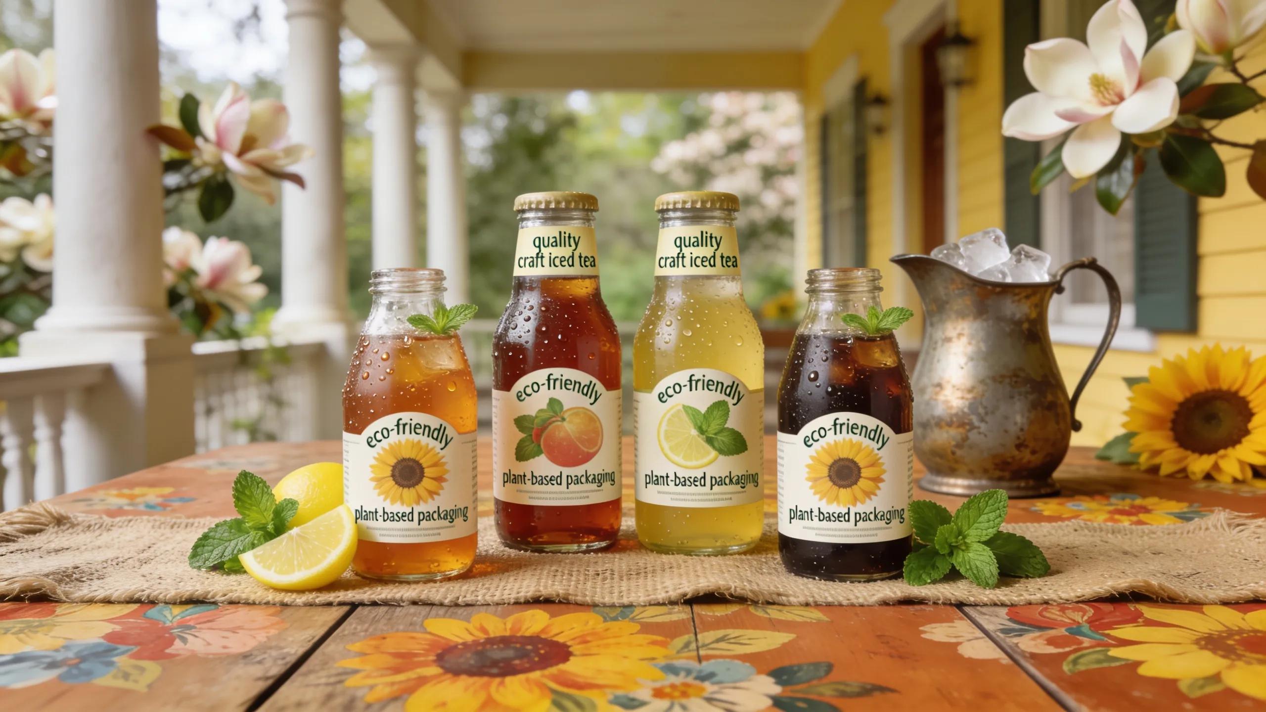 Variety of bottled iced teas highlighting eco-friendly packaging, conveying freshness and Southern quality