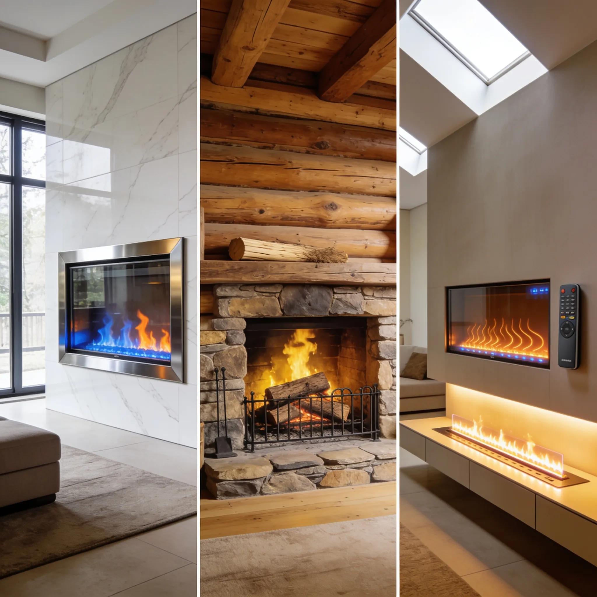 Different fireplace types including gas, wood, and electric shown in various home settings