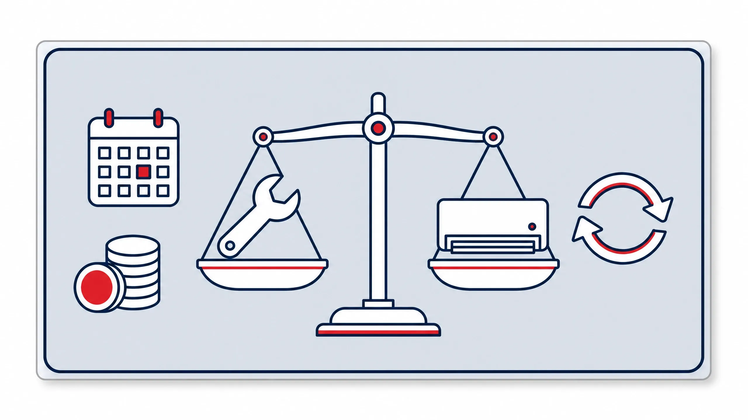 Scale weighing AC repair against replacement, with icons for system age and cost