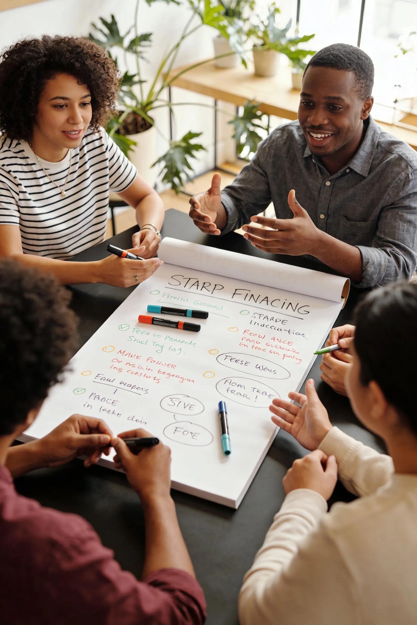 Diverse entrepreneurs in a meeting discussing startup financing strategies