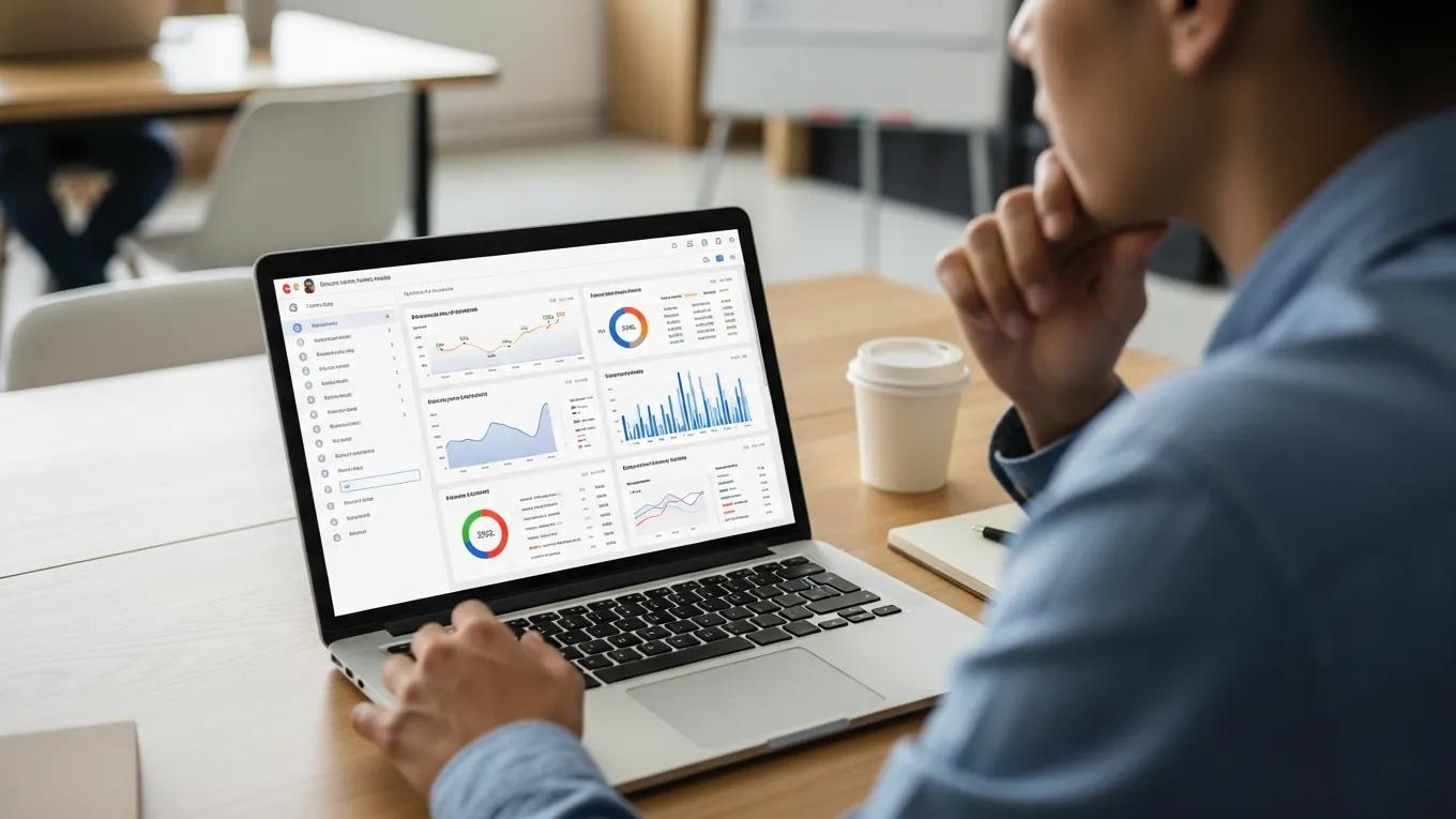 Person analyzing digital marketing analytics on a laptop, showcasing graphs and charts relevant to social media brand strategy and audience engagement.