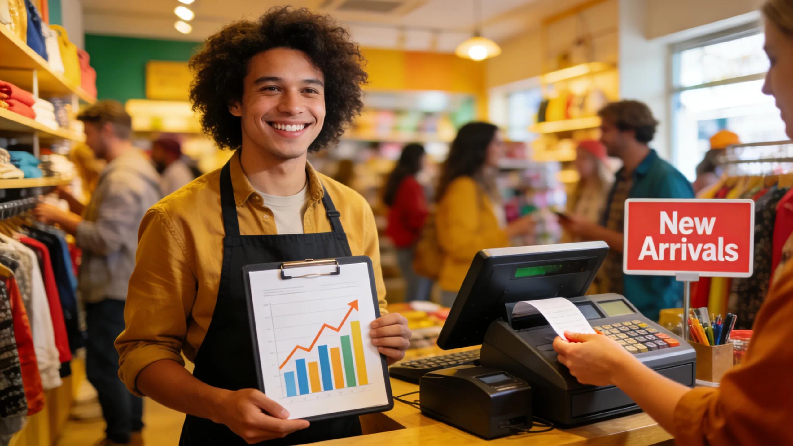 Small business owner celebrating increased foot traffic and sales in a busy retail store