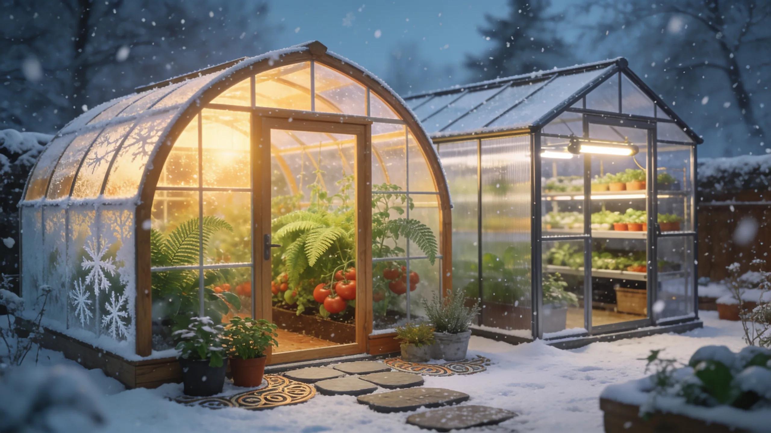 Custom and pre-built greenhouses in a snowy Upstate New York backyard display, emphasizing winter gardening options.