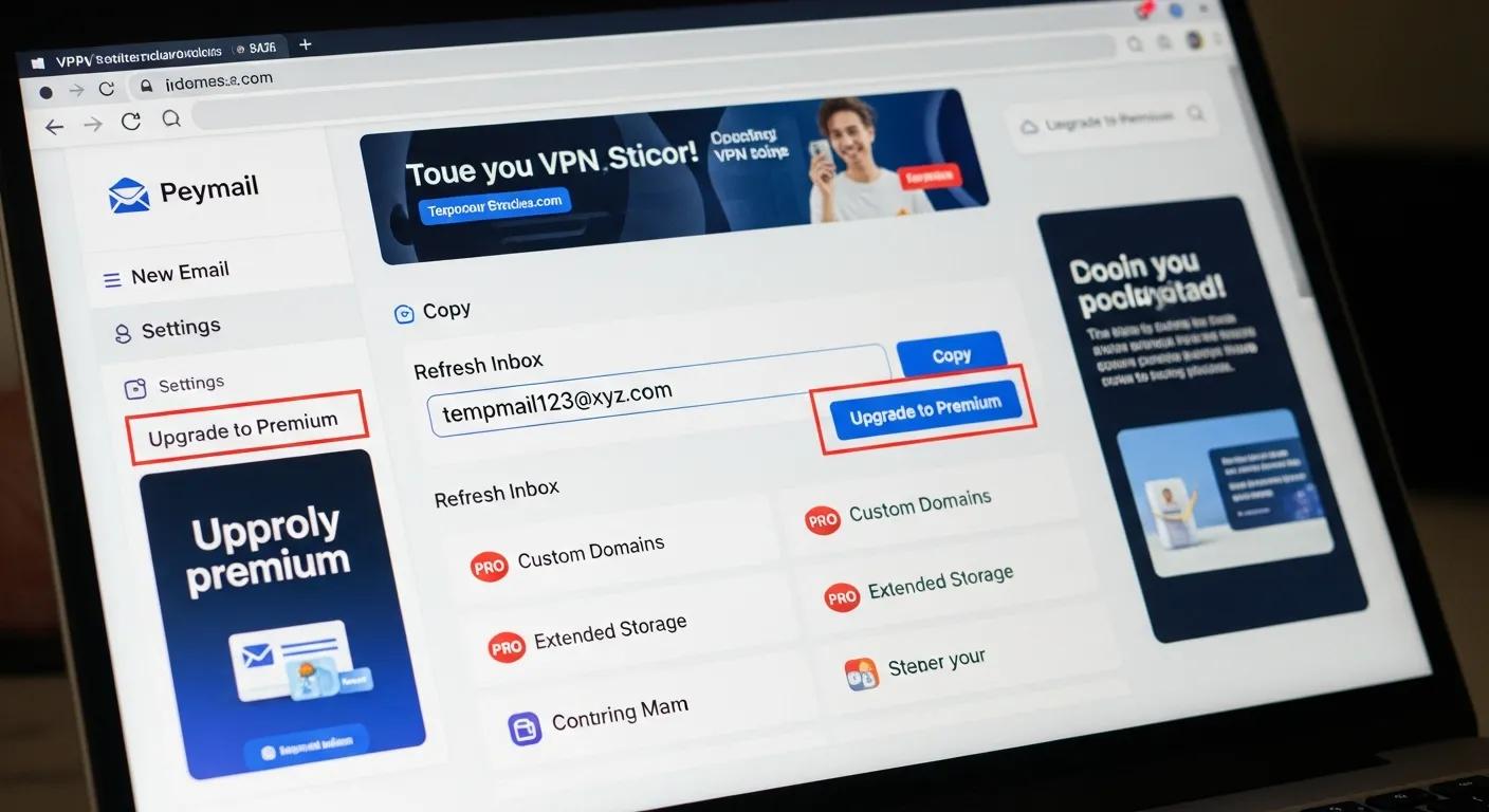 Close-up of a laptop screen showing a temporary email service interface with elements of ads and premium features