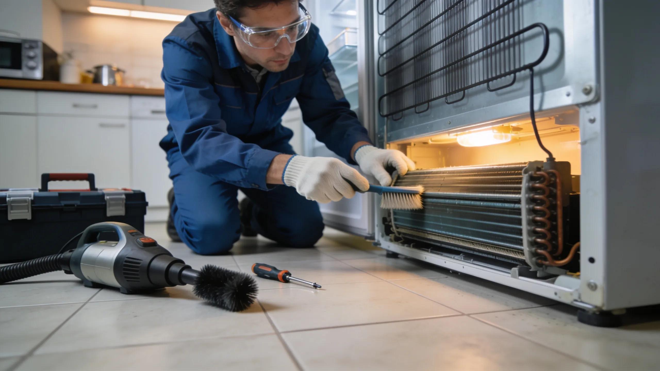 Technician repairing a refrigerator by cleaning condenser coils in a home