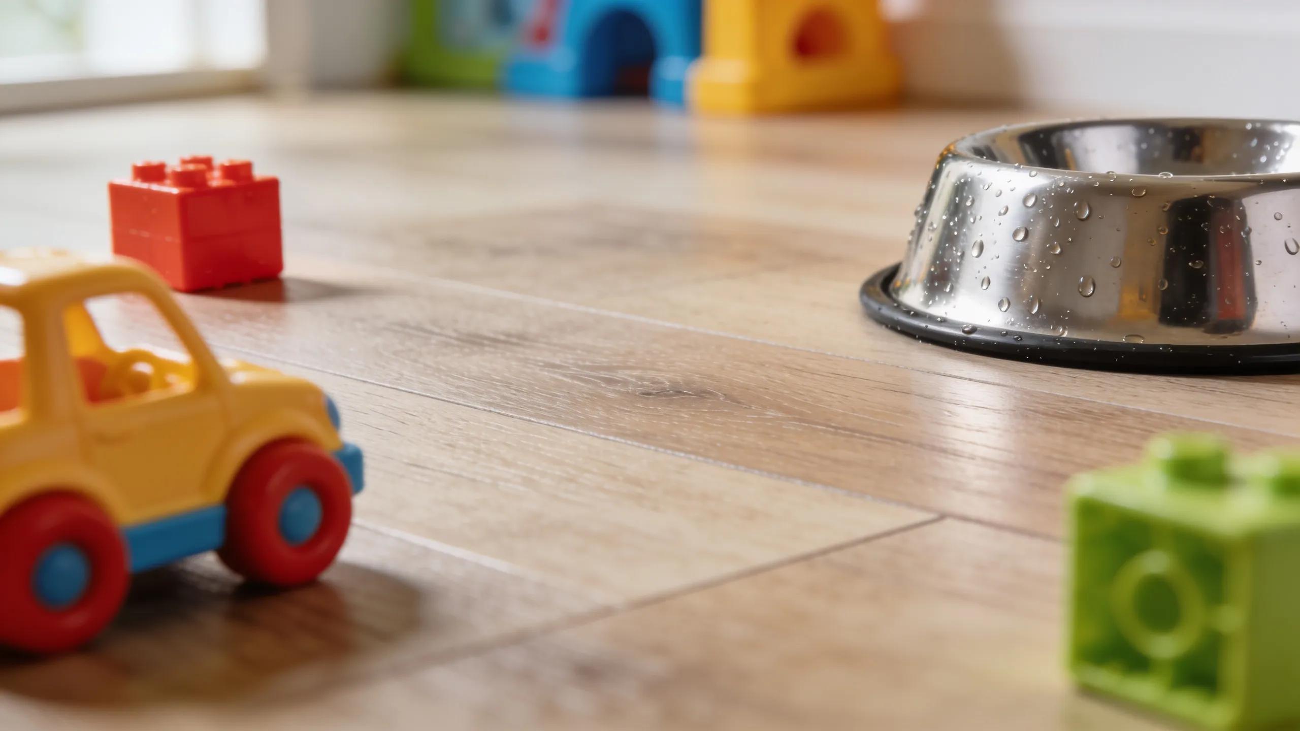 Durable luxury vinyl plank flooring resisting scratches and spills from toys and pet bowl.
