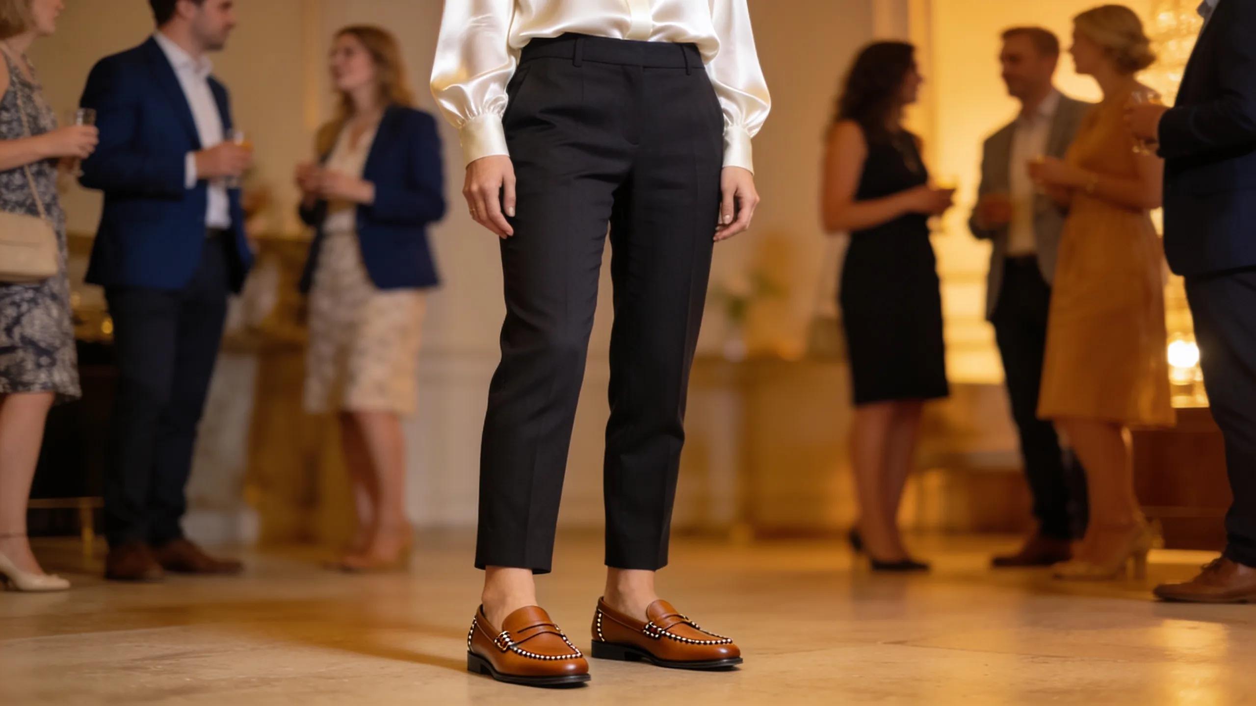 Ameise shoes styled for smart-casual events, featuring tailored trousers and a sophisticated blouse