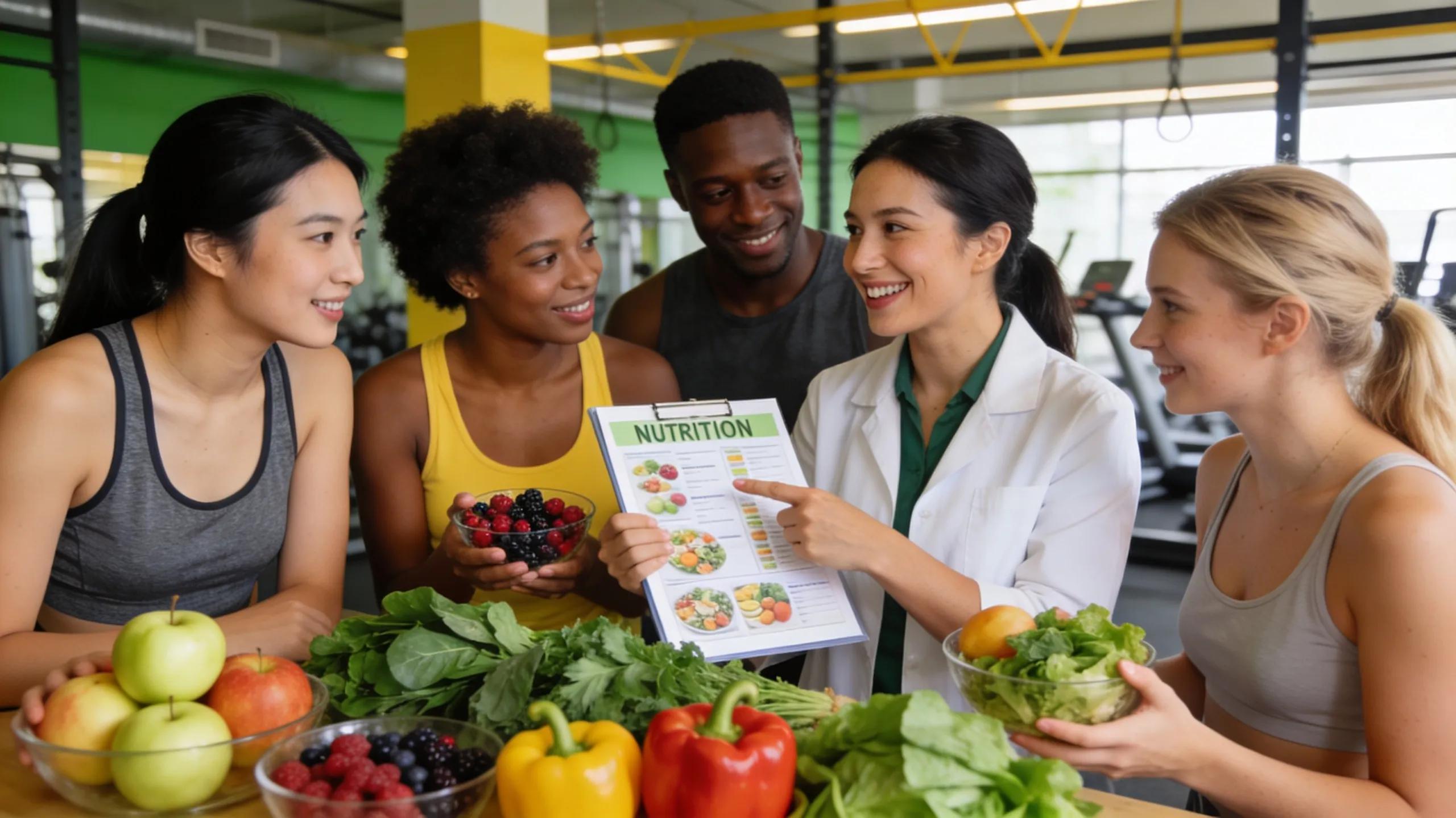 Diverse group engaging with a nutrition coach in a fitness setting, promoting healthy eating.