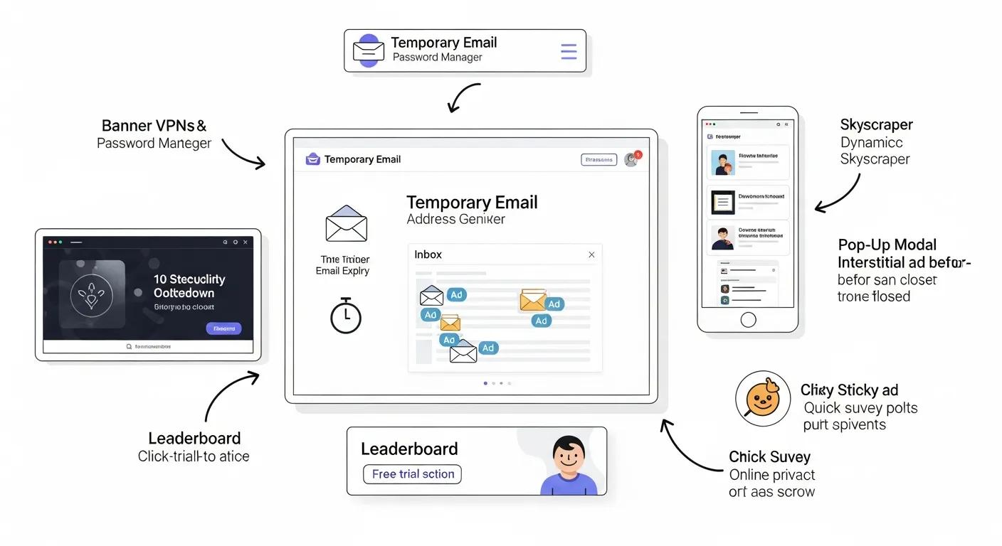 Illustration of ad formats and placements on a temporary email website, focusing on user engagement