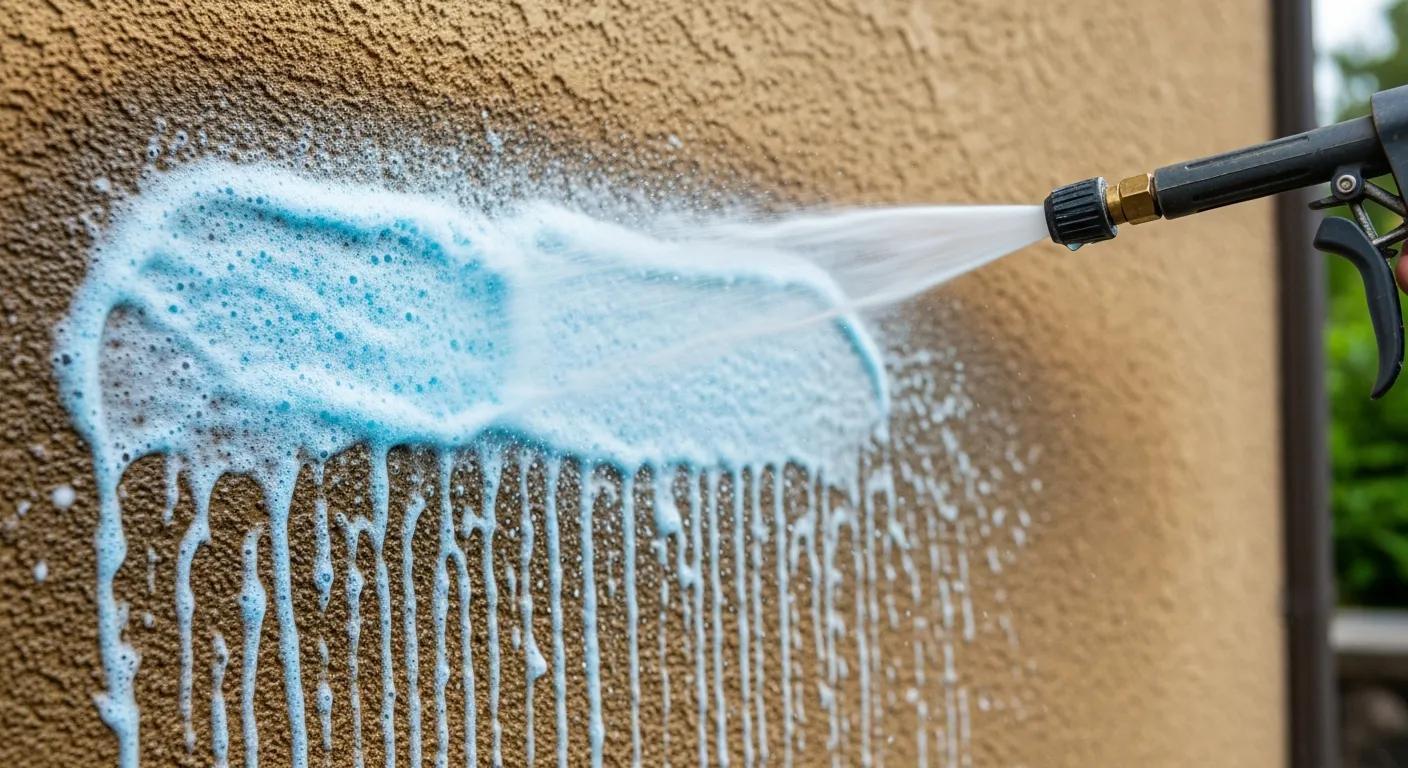 Close-up of biodegradable cleaning solutions applied during soft wash cleaning