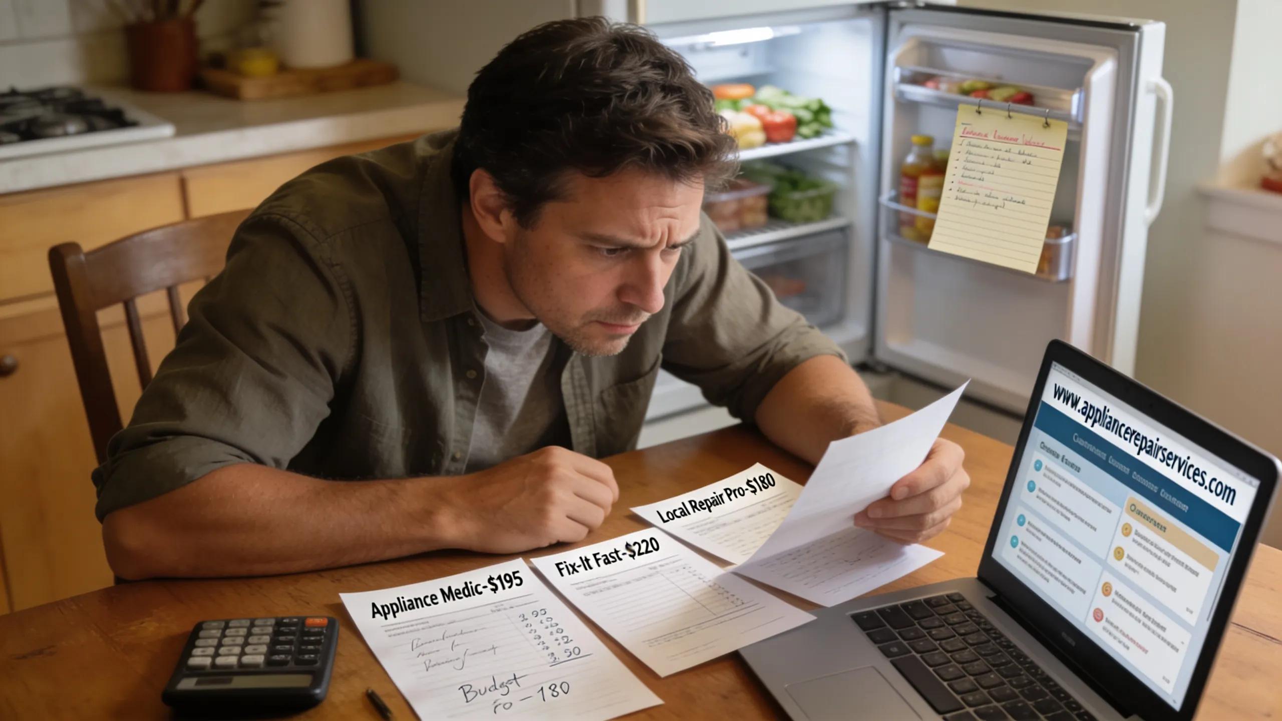 Homeowner reviewing appliance repair estimates on a table, focusing on budgeting and decision-making