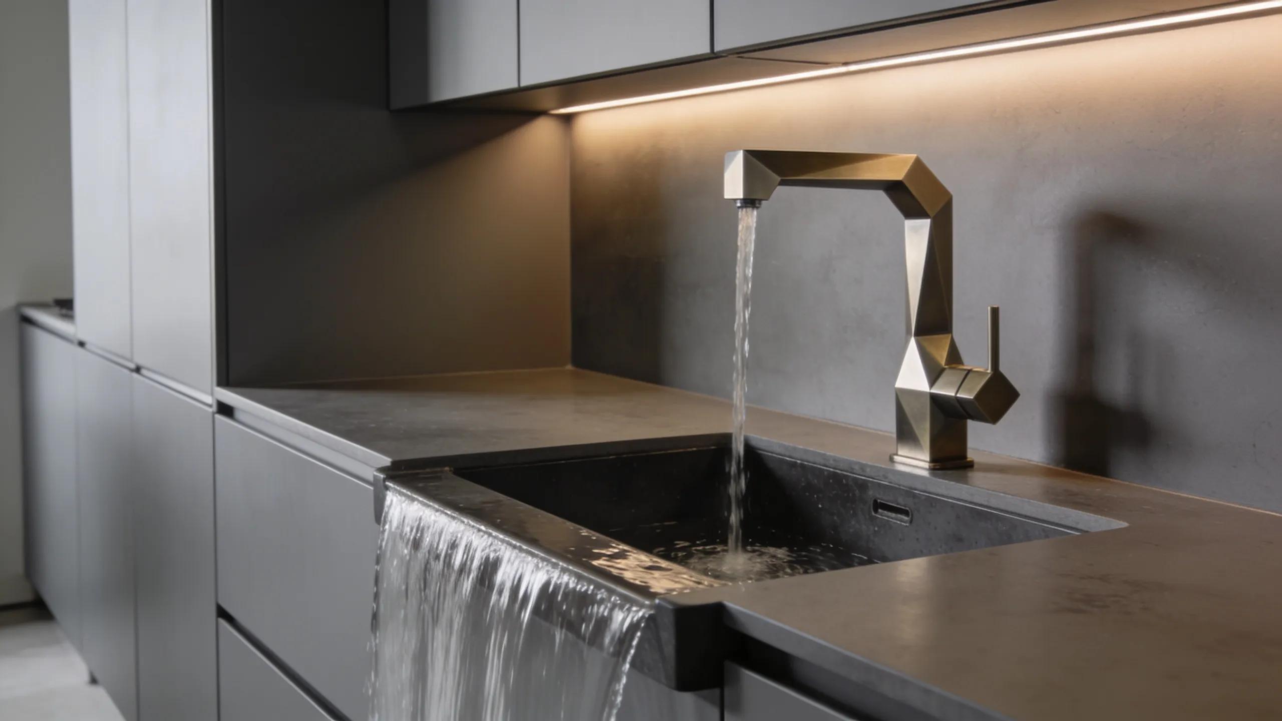 Modern gun grey waterfall sink featured in a contemporary kitchen environment