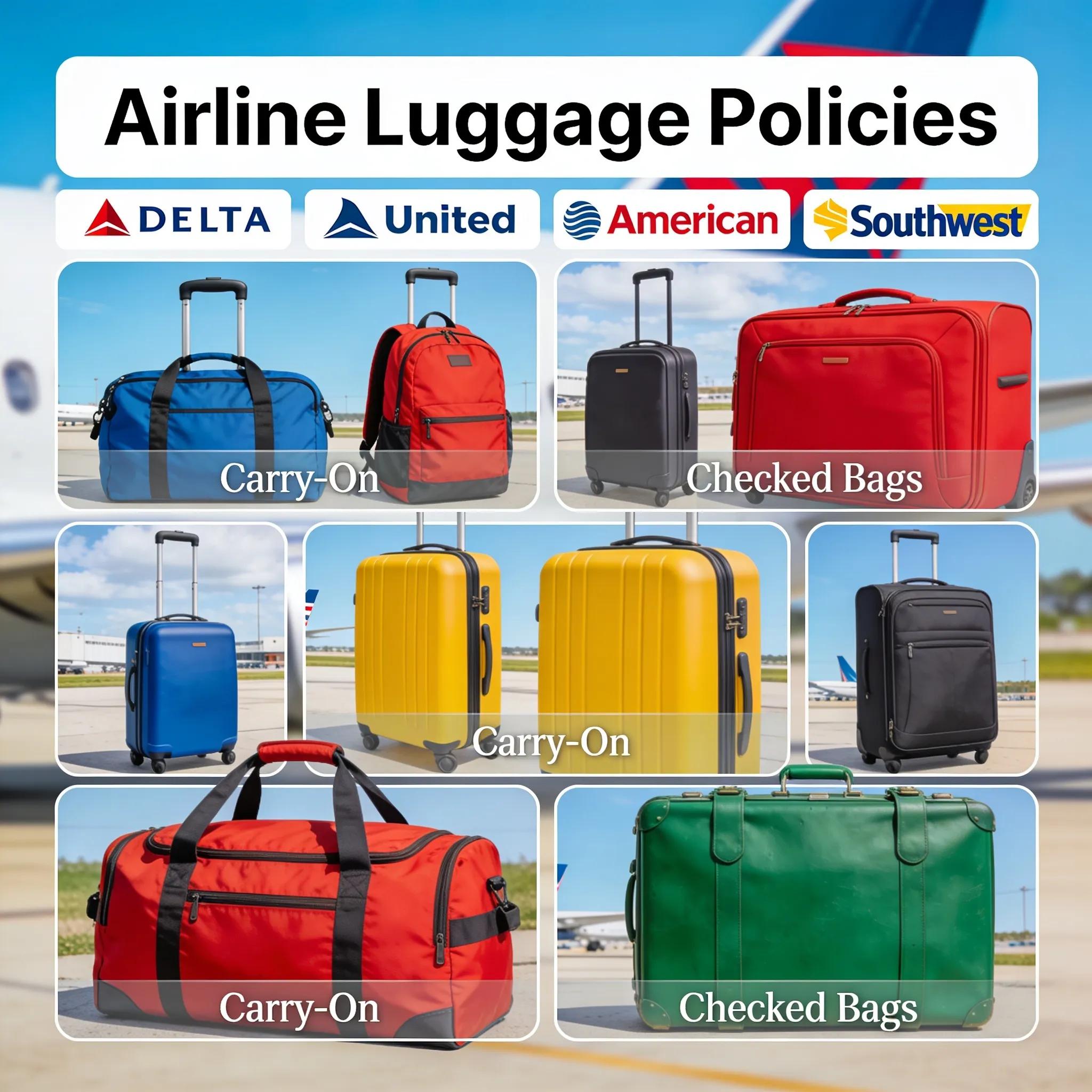Overview of airline logos and luggage types, highlighting different baggage policies