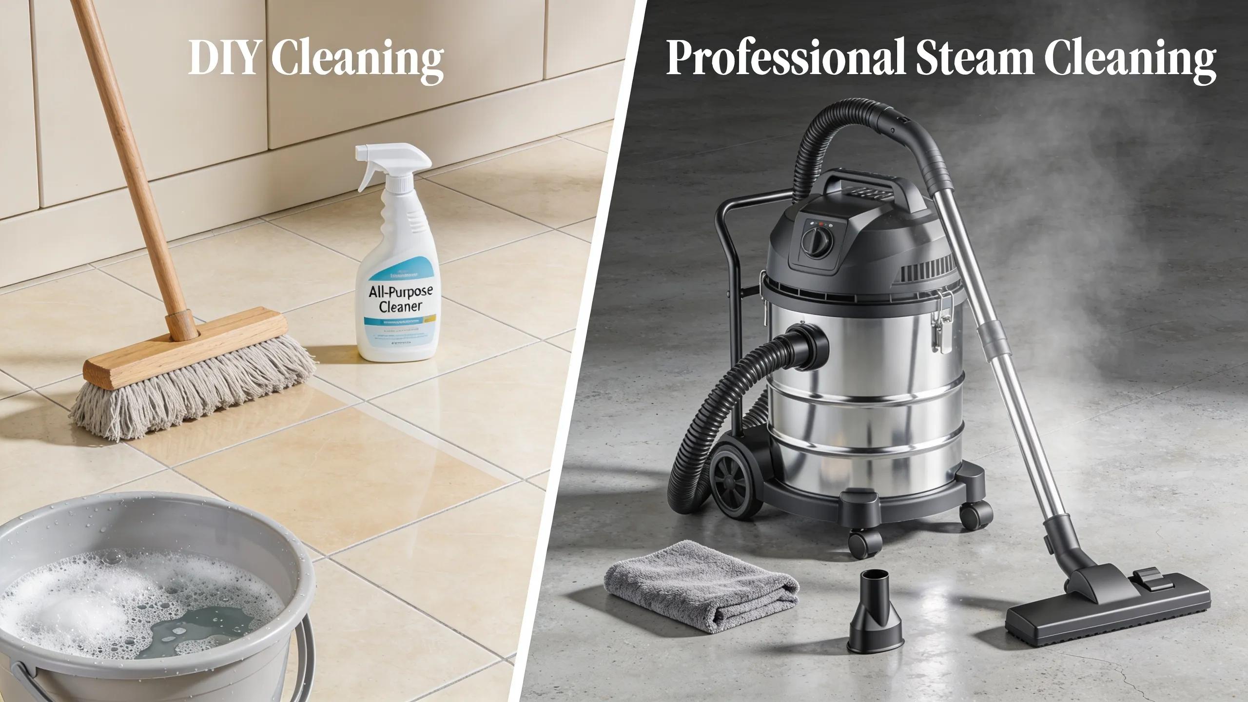 Side-by-side comparison of DIY cleaning versus professional steam cleaning setup, highlighting cost and effectiveness