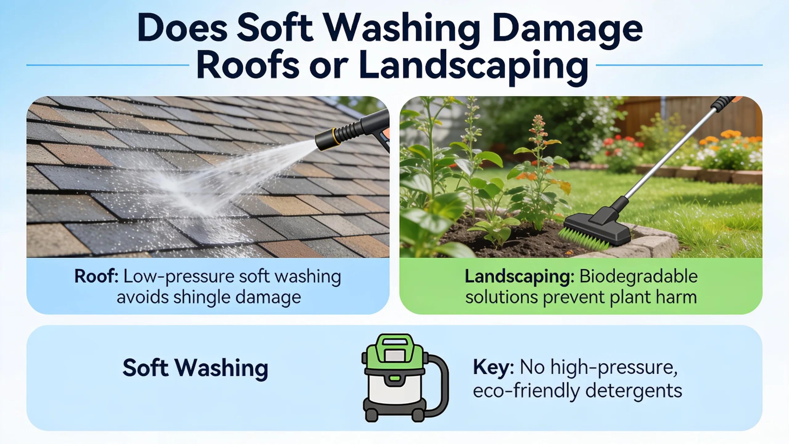 Does Soft Washing Damage Roofs or Landscaping
