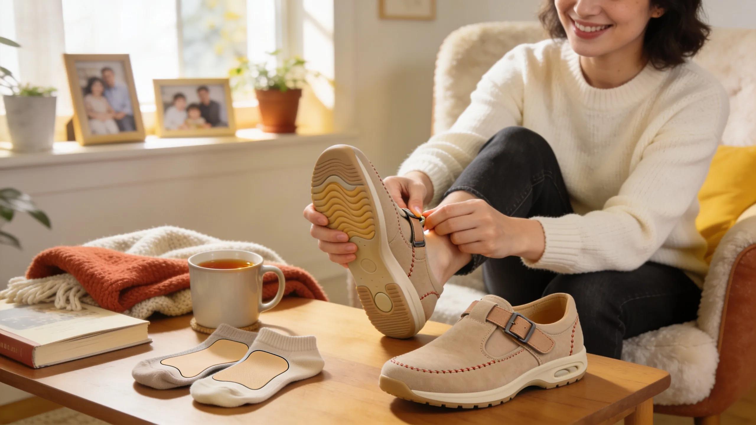 Woman trying on women's comfortable shoes for arthritis relief in a cozy setting, emphasizing style and comfort