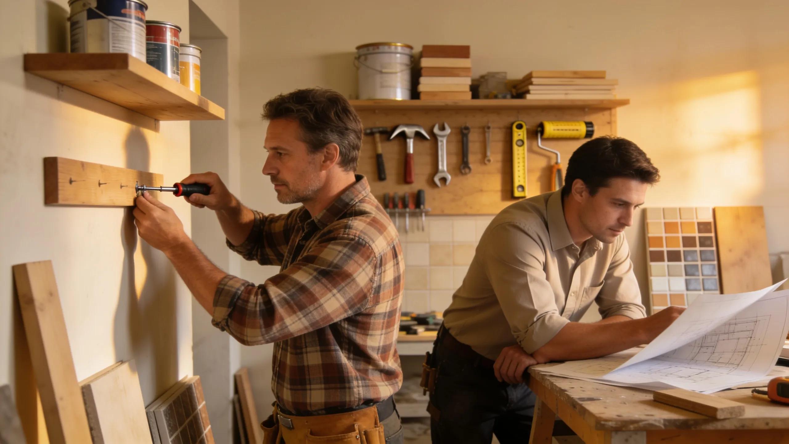 Handyman performing minor repairs next to a licensed contractor reviewing plans, illustrating the key themes of home improvement and service distinction