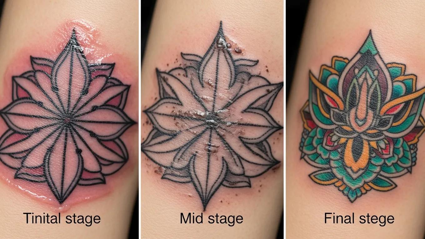 Visual representation of tattoo healing stages: initial, mid, and final