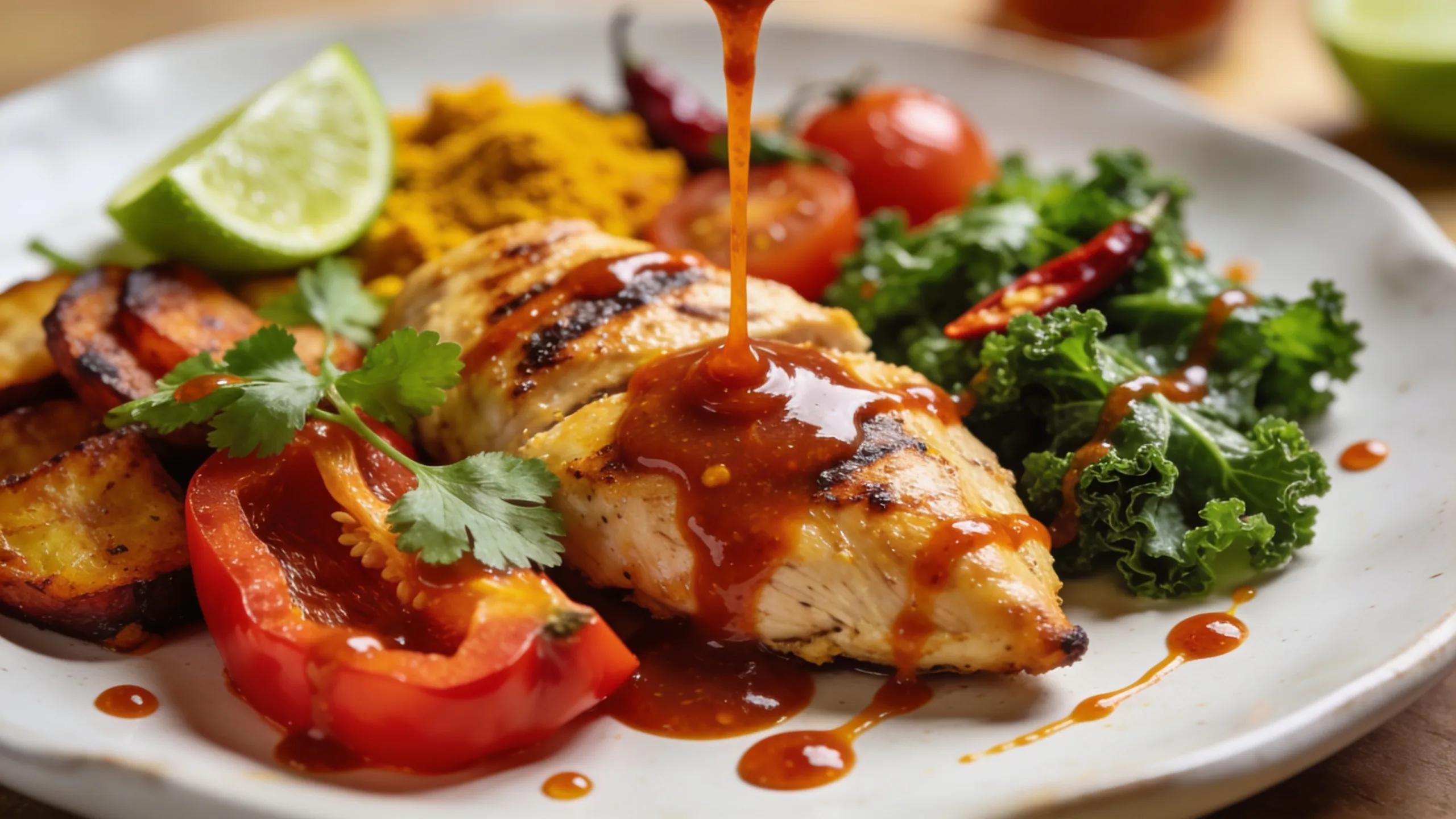 Close-up of dishes with hot sauce showcasing antioxidants and vibrant food colors