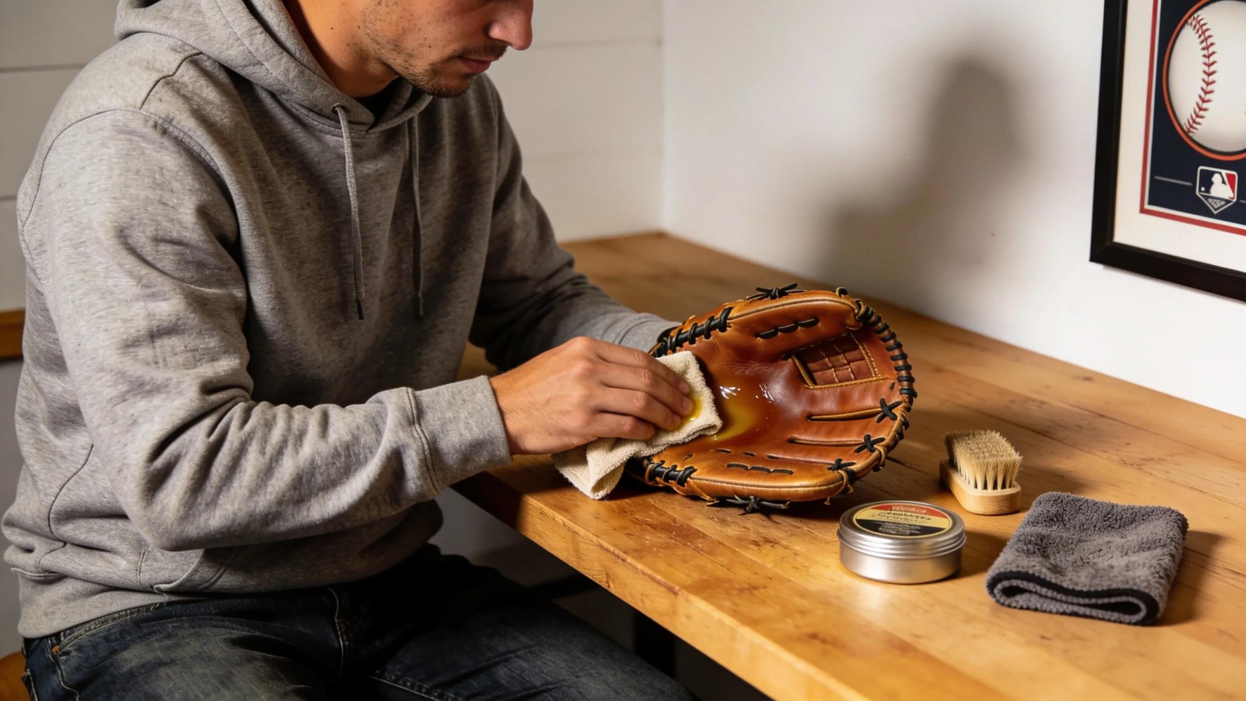 Player maintaining traditionally tanned baseball glove with care products and tools Player maintaining traditionally tanned baseball glove with care products and tools