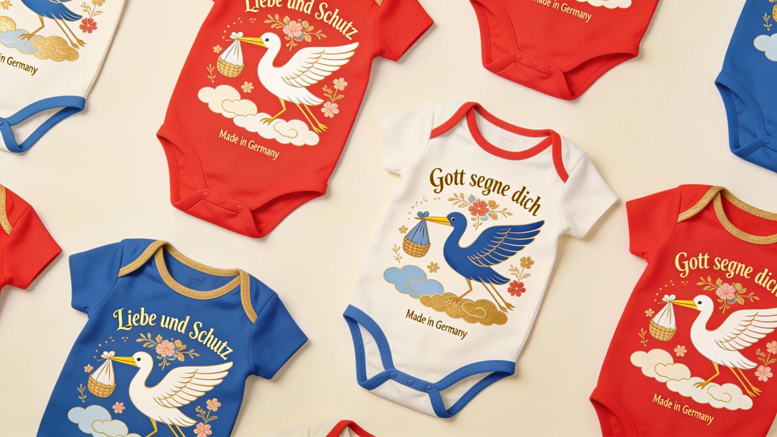 Display of German baby bodysuits with cultural motifs and phrases, reflecting love and heritage