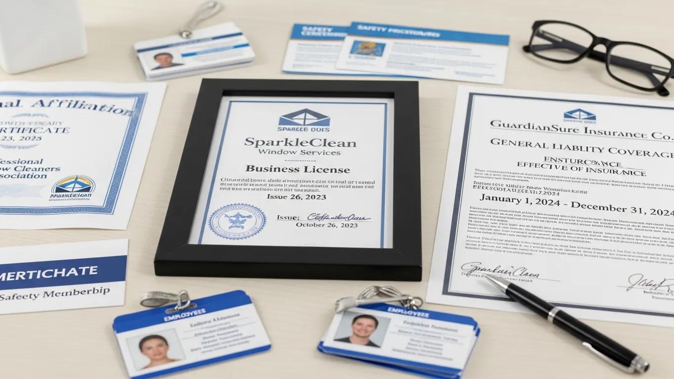 Close-up of window cleaning company credentials and insurance documents