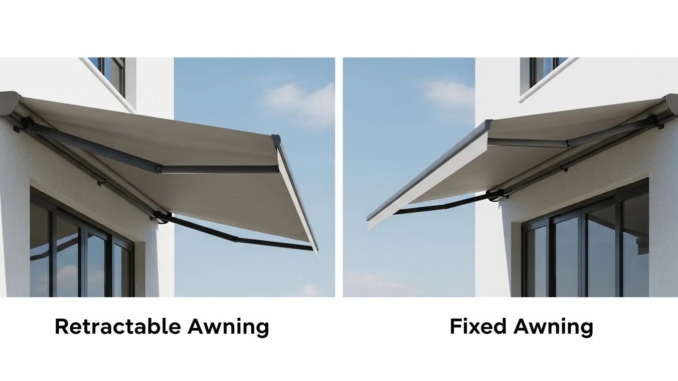 A clean side-by-side comparison image — retractable awning on the left, fixed awning on the right, clearly labelled. This is a strong featured-snippet candidate since it directly answers the comparison question visually right after the section that defines both.