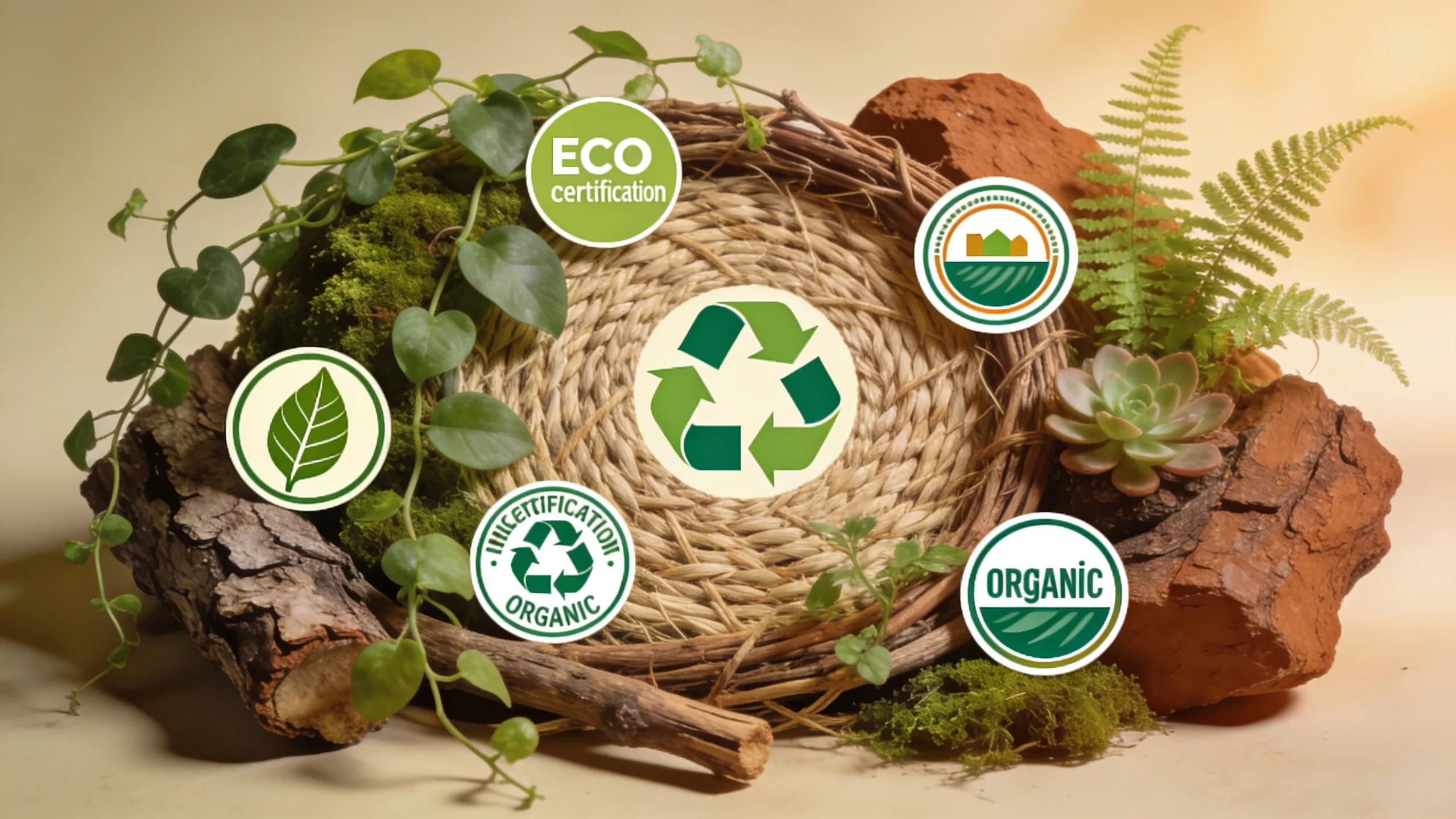 Various eco-certifications related to sustainability, surrounded by organic materials, illustrating commitment to environmental responsibility.