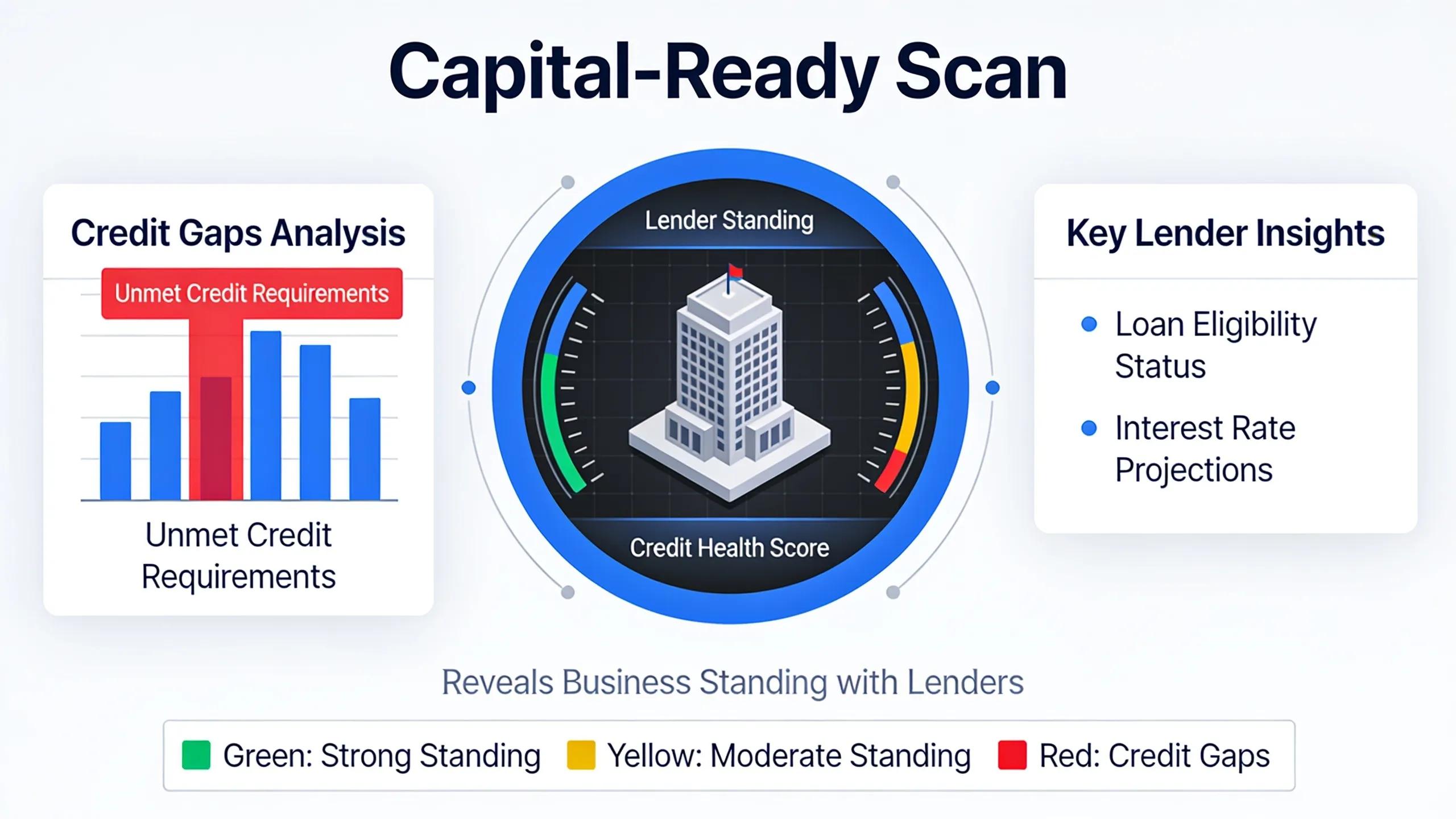 A Capital-Ready Scan reveals exactly where a business stands with lenders and identifies credit gaps A Capital-Ready Scan reveals exactly where a business stands with lenders and identifies credit gaps