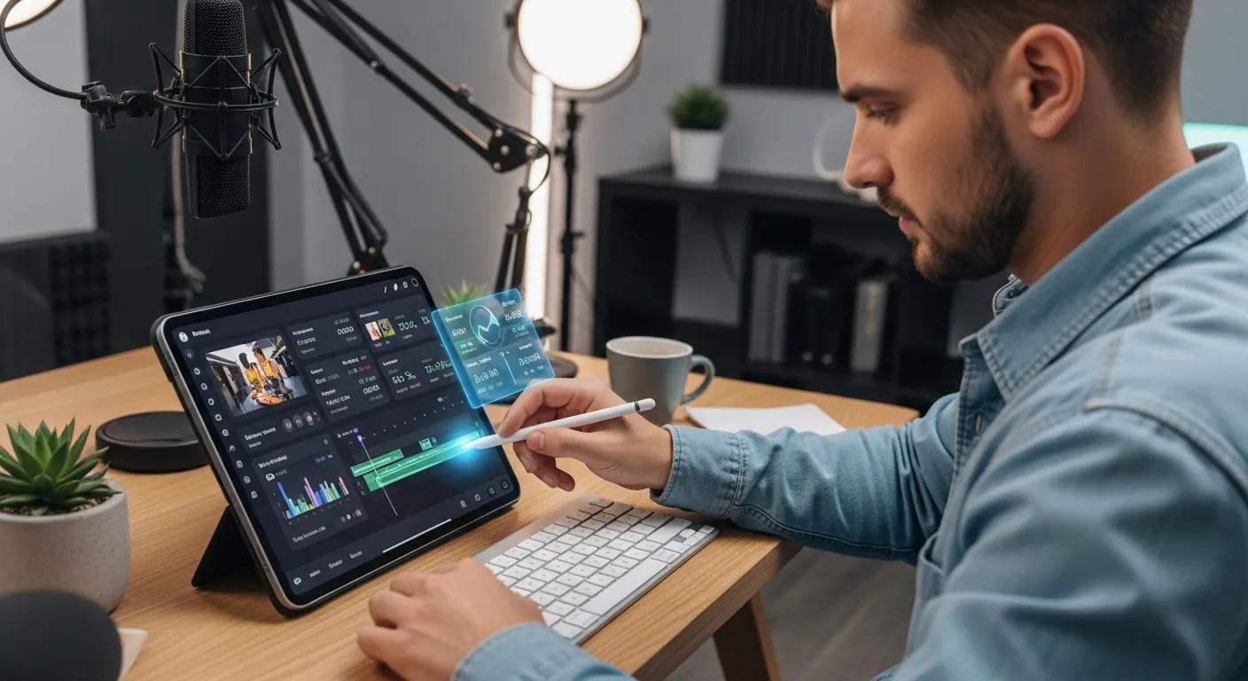 Creator using AI tools on a tablet to speed up video planning and reach more viewers AI avatar demonstrating Syllaby's tools for efficient content creation and personalization.
