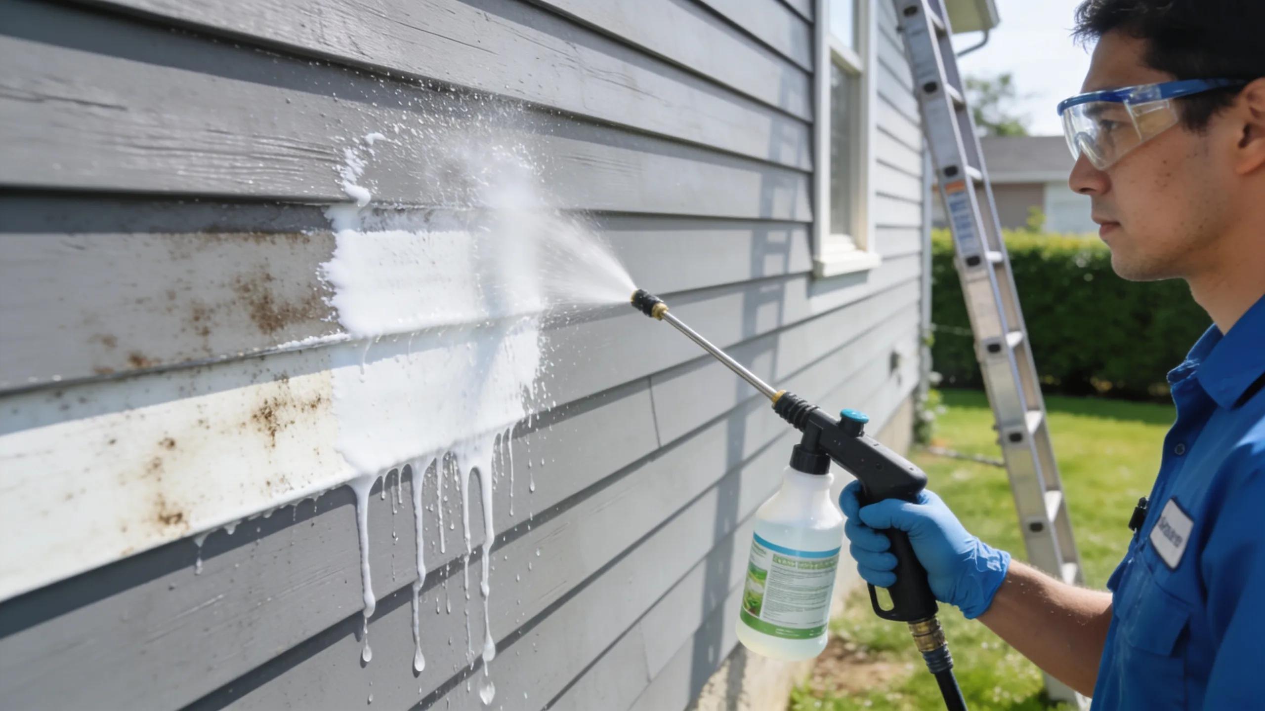 Professional using soft washing technique on house exterior