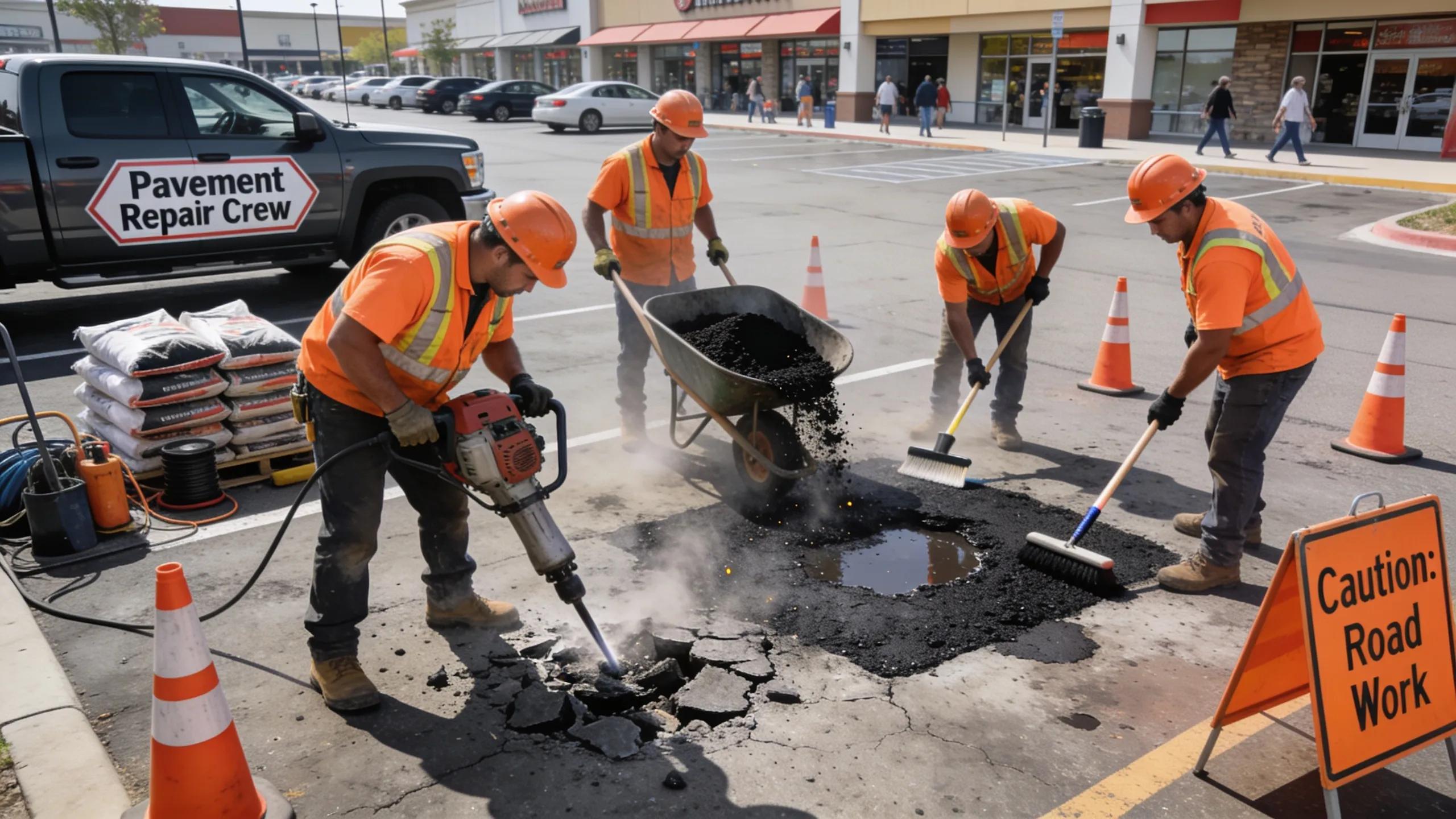 Team repairing potholes in a commercial parking lot, demonstrating effective maintenance strategies and safety measures.