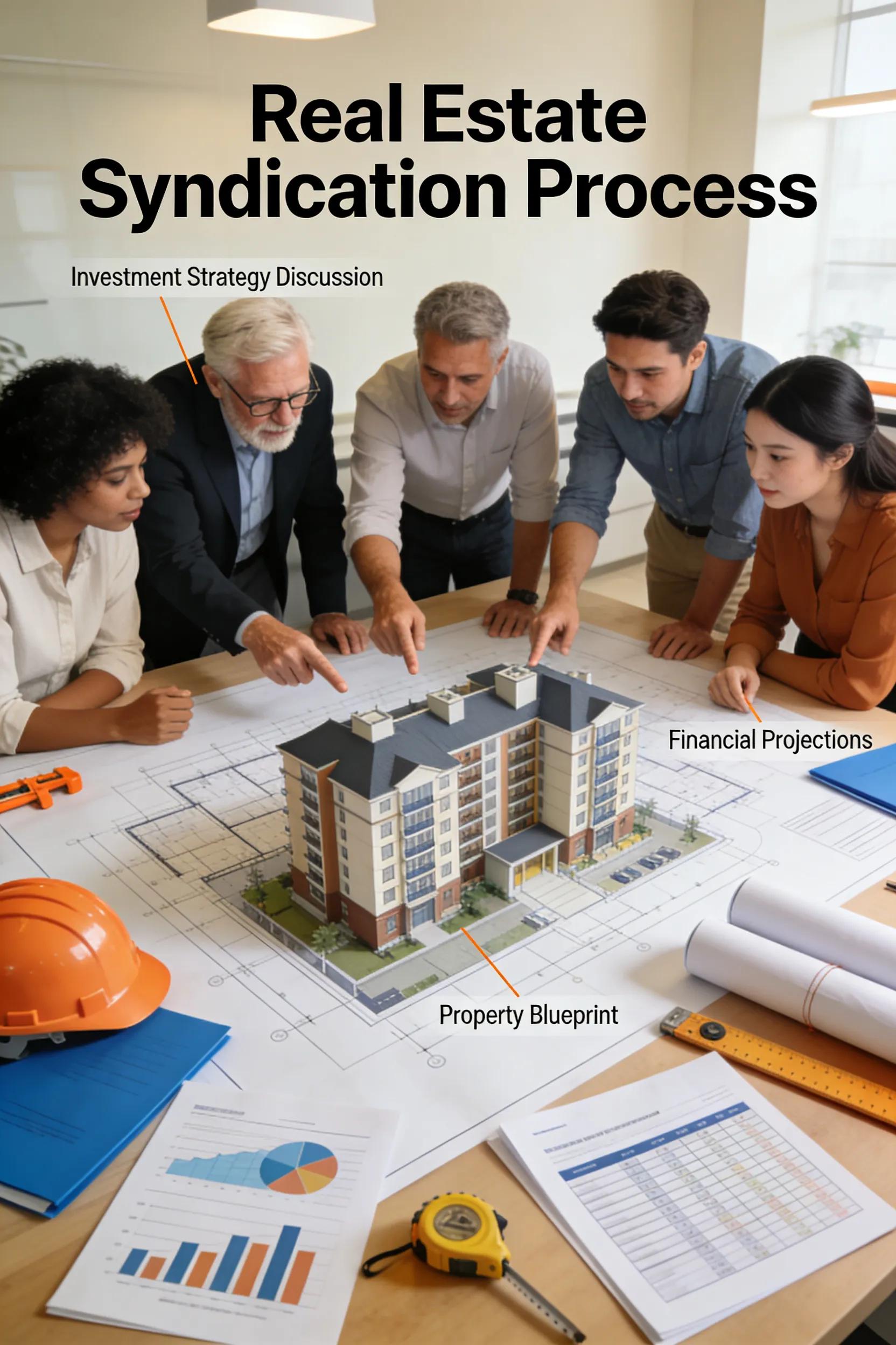Investors collaborating on real estate syndication process with blueprints and financial documents