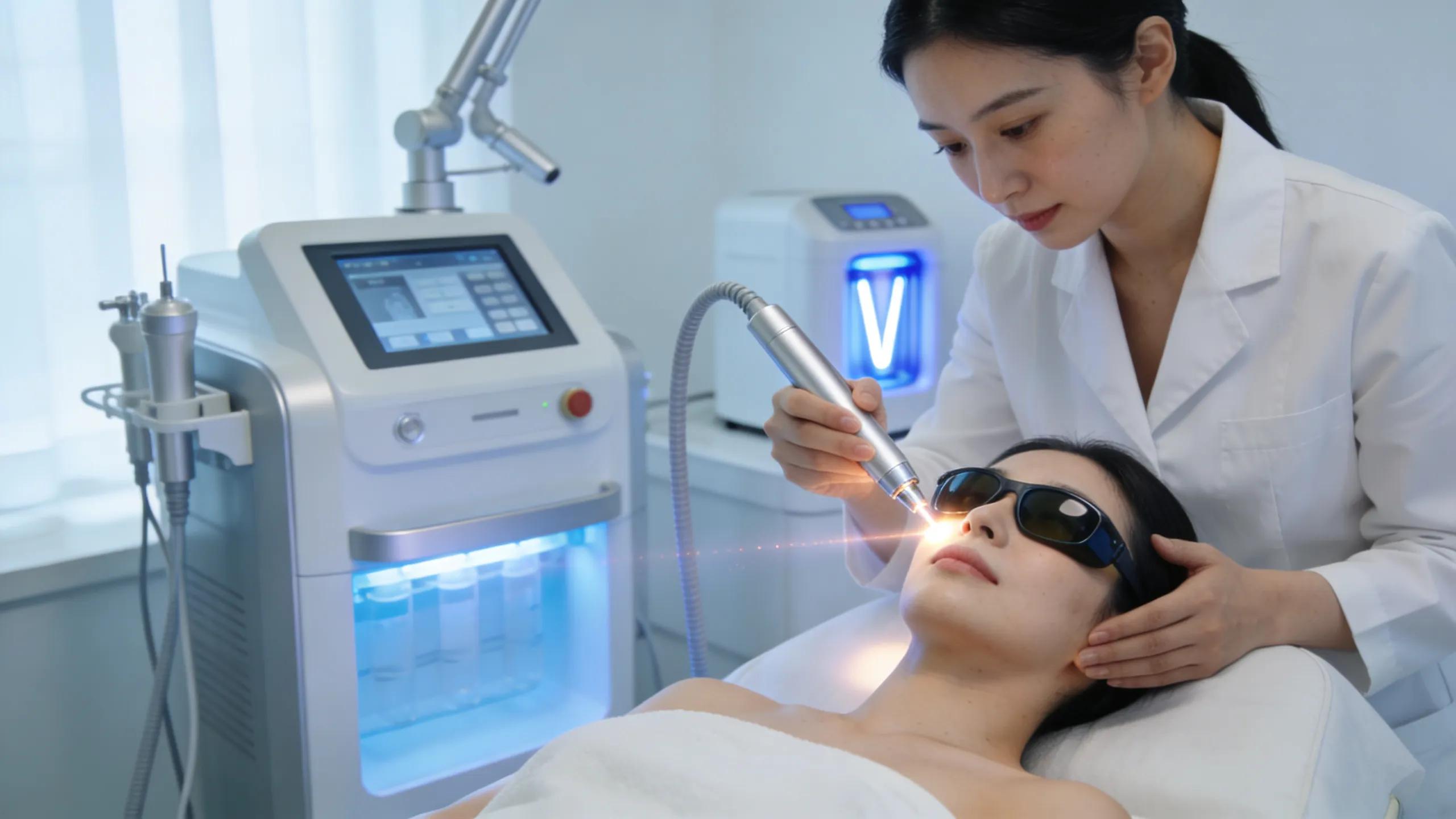Skincare technician performing pico laser treatment on sensitive skin Skincare technician performing pico laser treatment on sensitive skin
