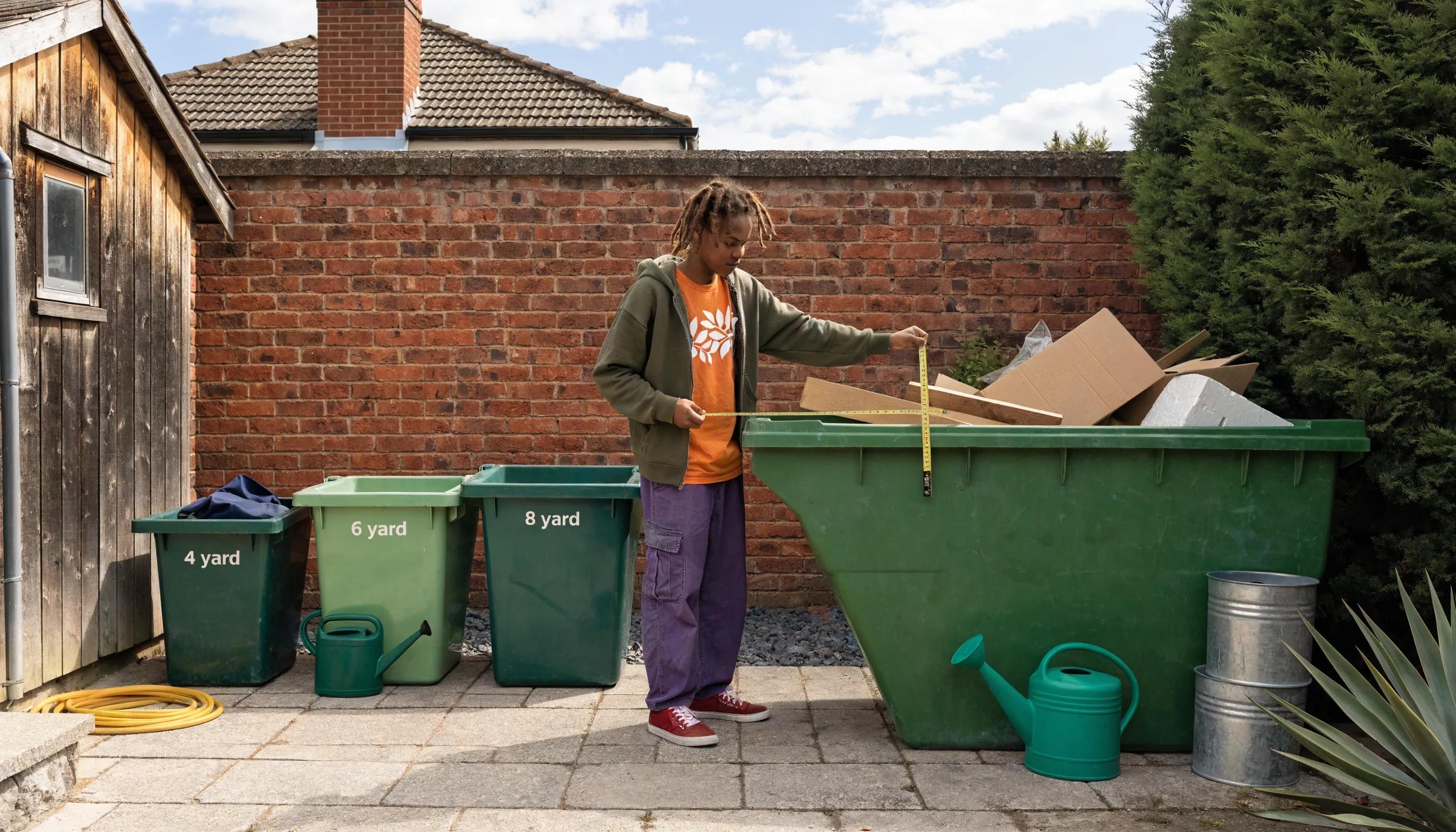 A person measuring a skip bin size in their backyard, surrounded by various bin sizes for waste management